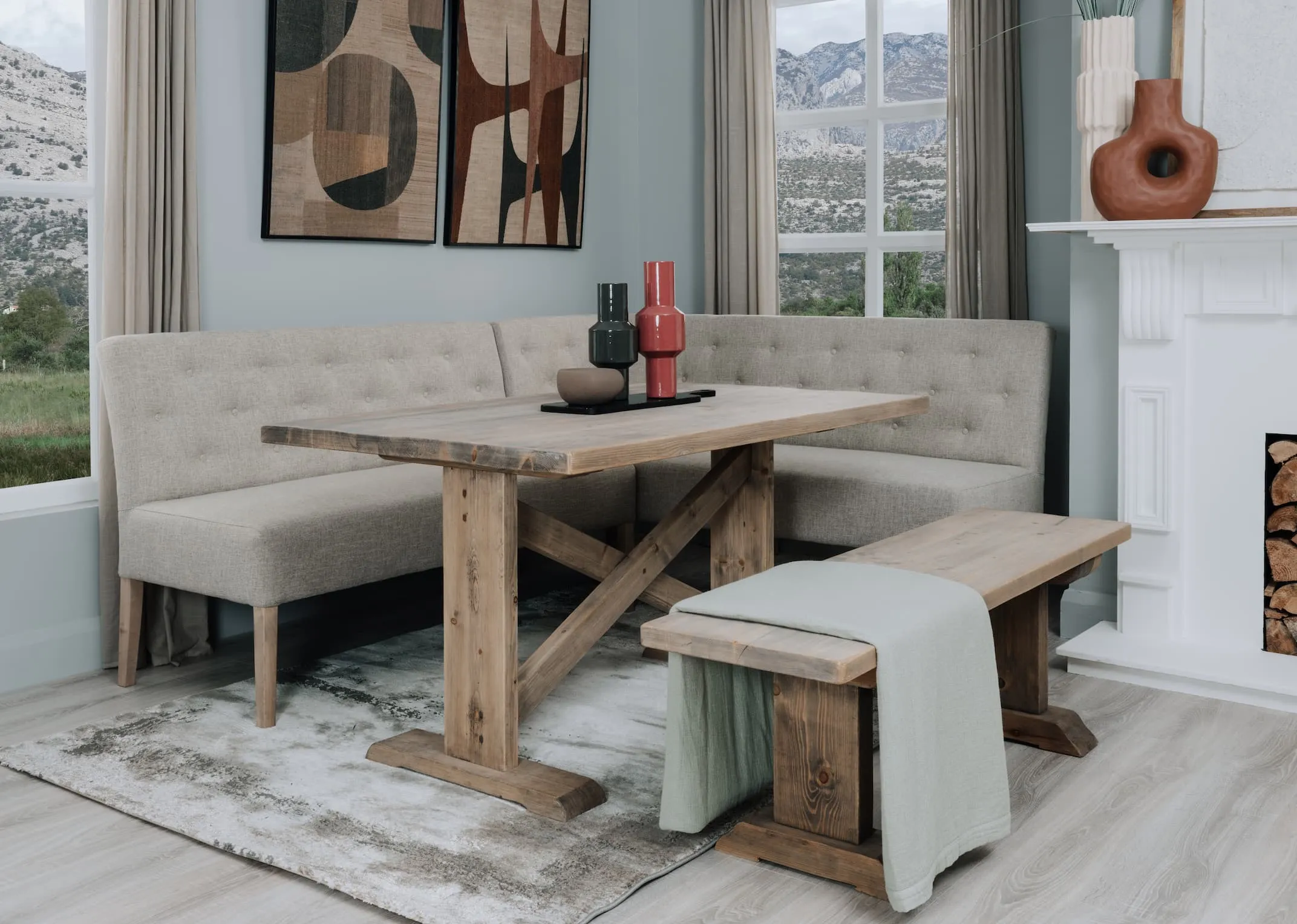 A lifestyle image of the Grafton table & bench with Stanford herringbone corner bench and terrcotta vase on mantle.