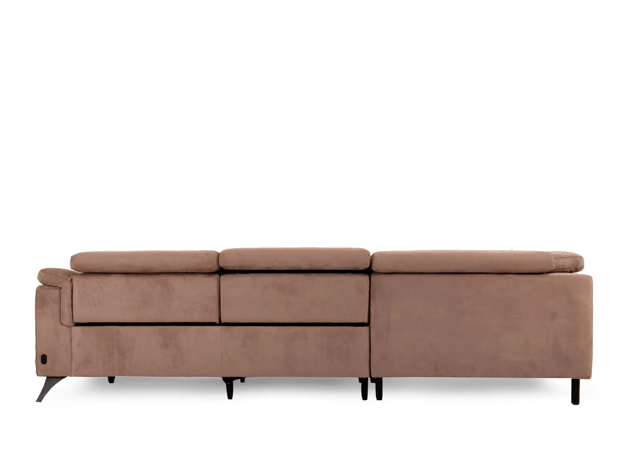 A taupe fabric power reclining corner sofa from EZ Livings Bellissimo range. Back view of supportive warrantied frame