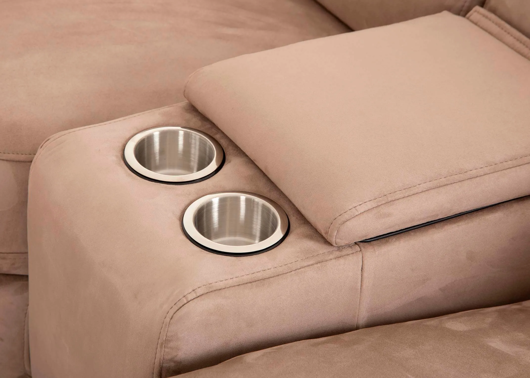 A taupe fabric power reclining corner sofa from EZ Livings Bellissimo range. Closeup of 2 cup holders concealed in arm