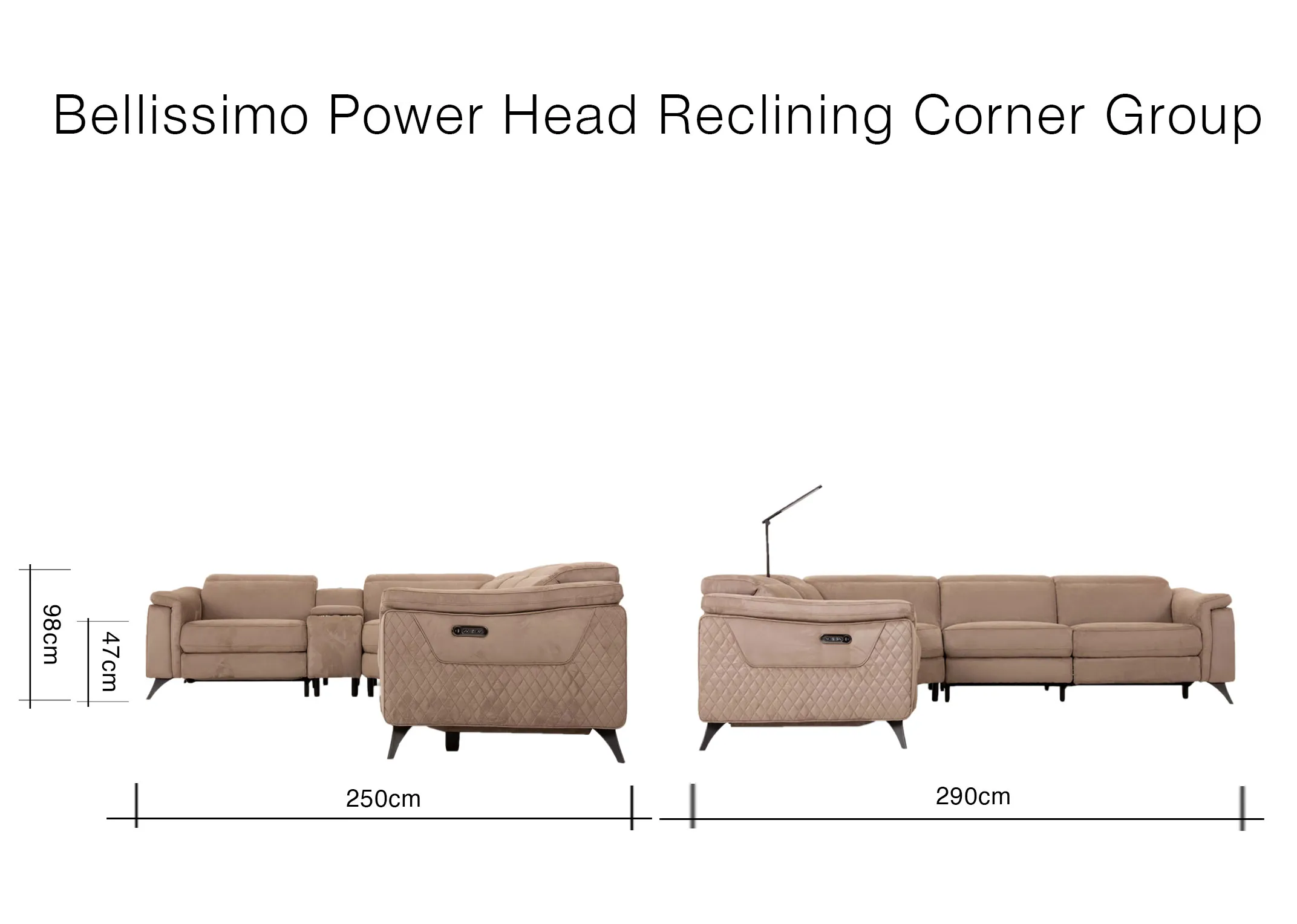 A dimension image of the Bellissimo Power Head Reclining Group with 2501cm x 290cm x 98cm