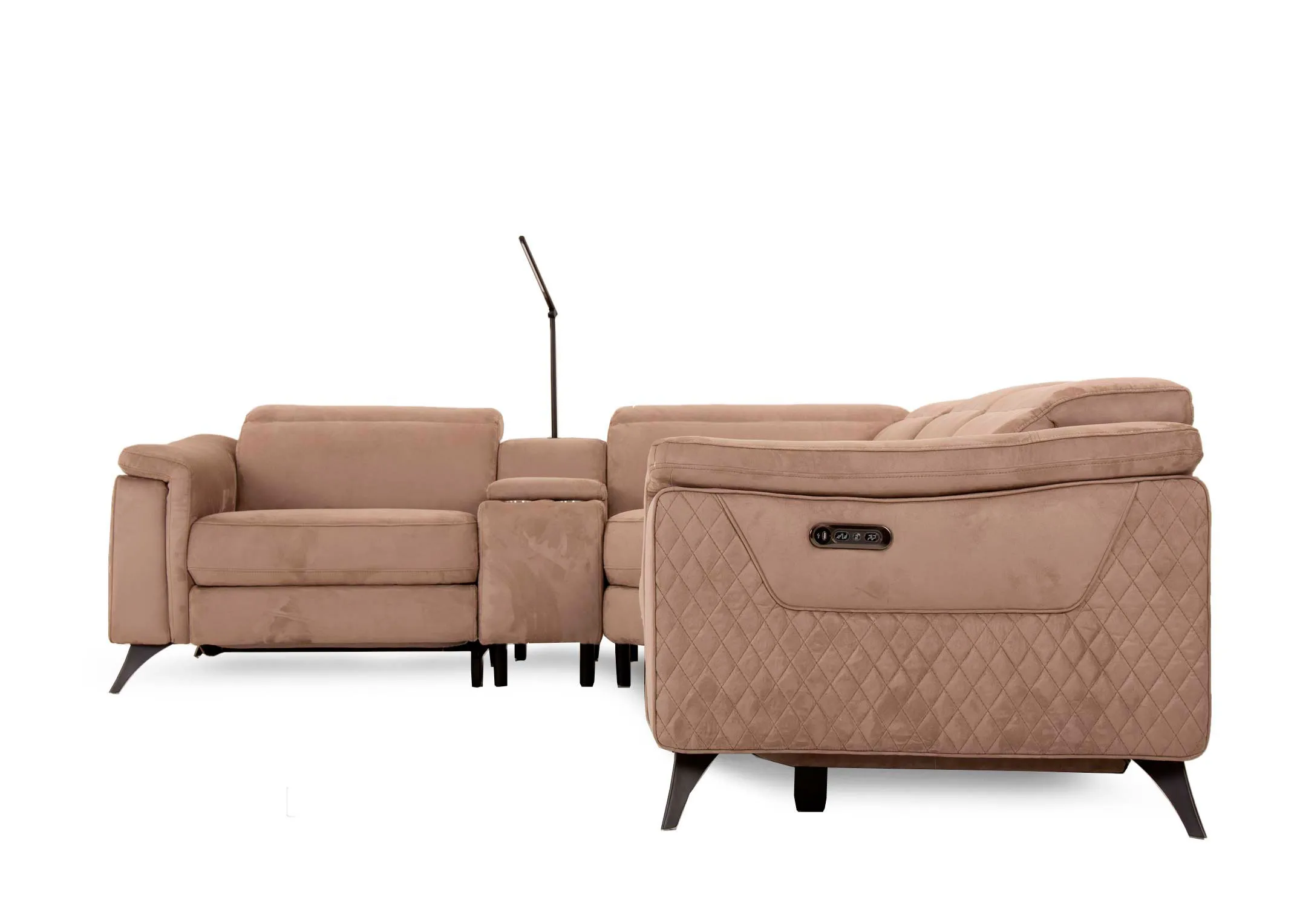A taupe fabric power reclining corner sofa from EZ Livings Bellissimo range. reverse side of pattern and remote on either side
