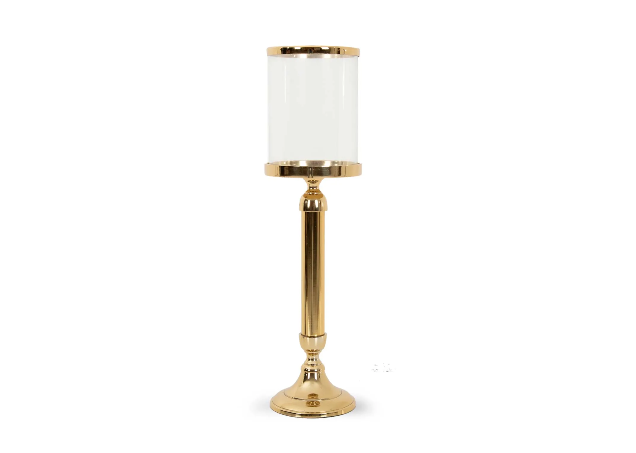 A gold stand with glass pillar candle holder from EZ Livings Christmas range. Front view