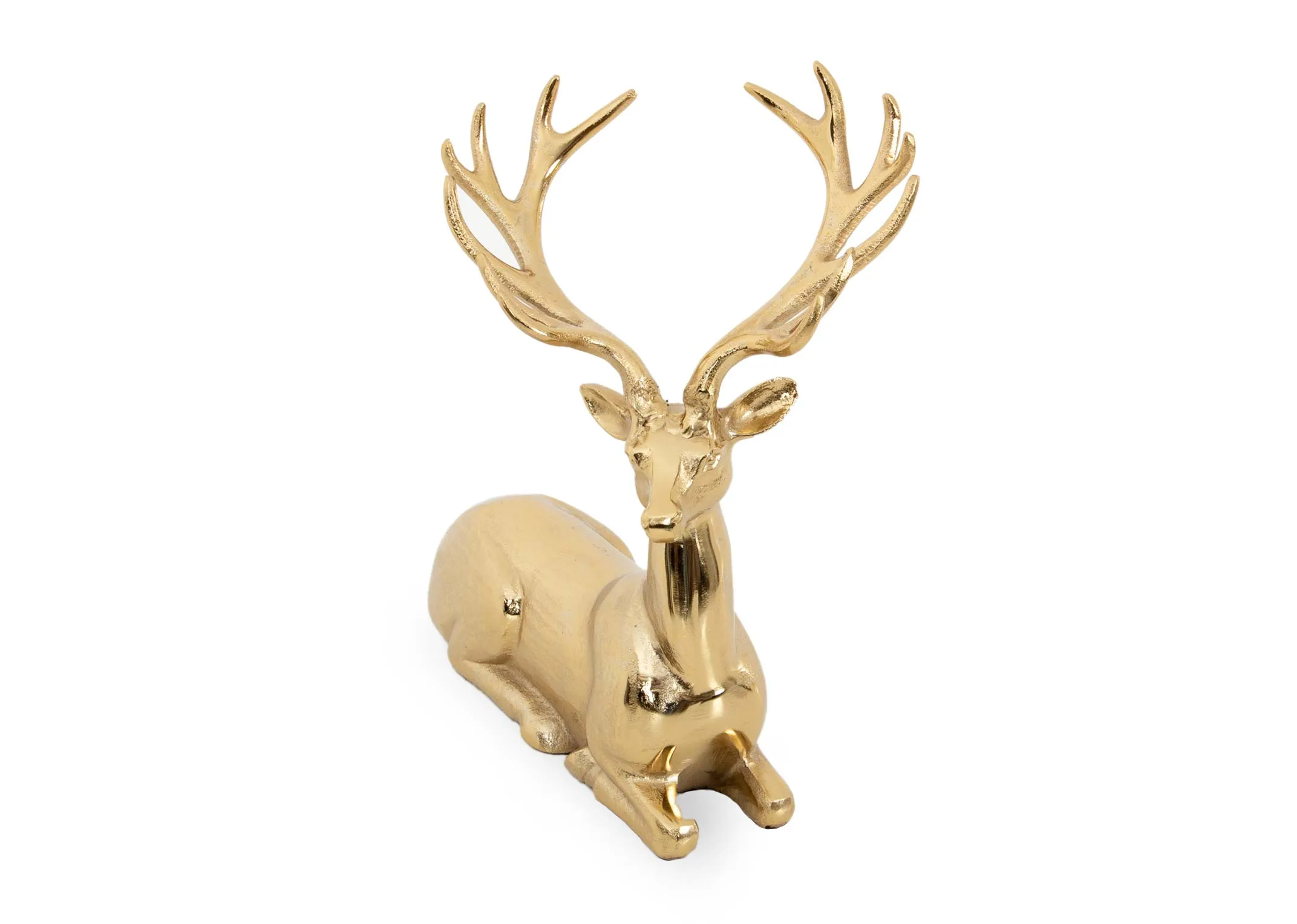 A sitting gold reindeer ornament from EZ Livings Christmas range. Angled view of shiny gold deer with large antlers.
