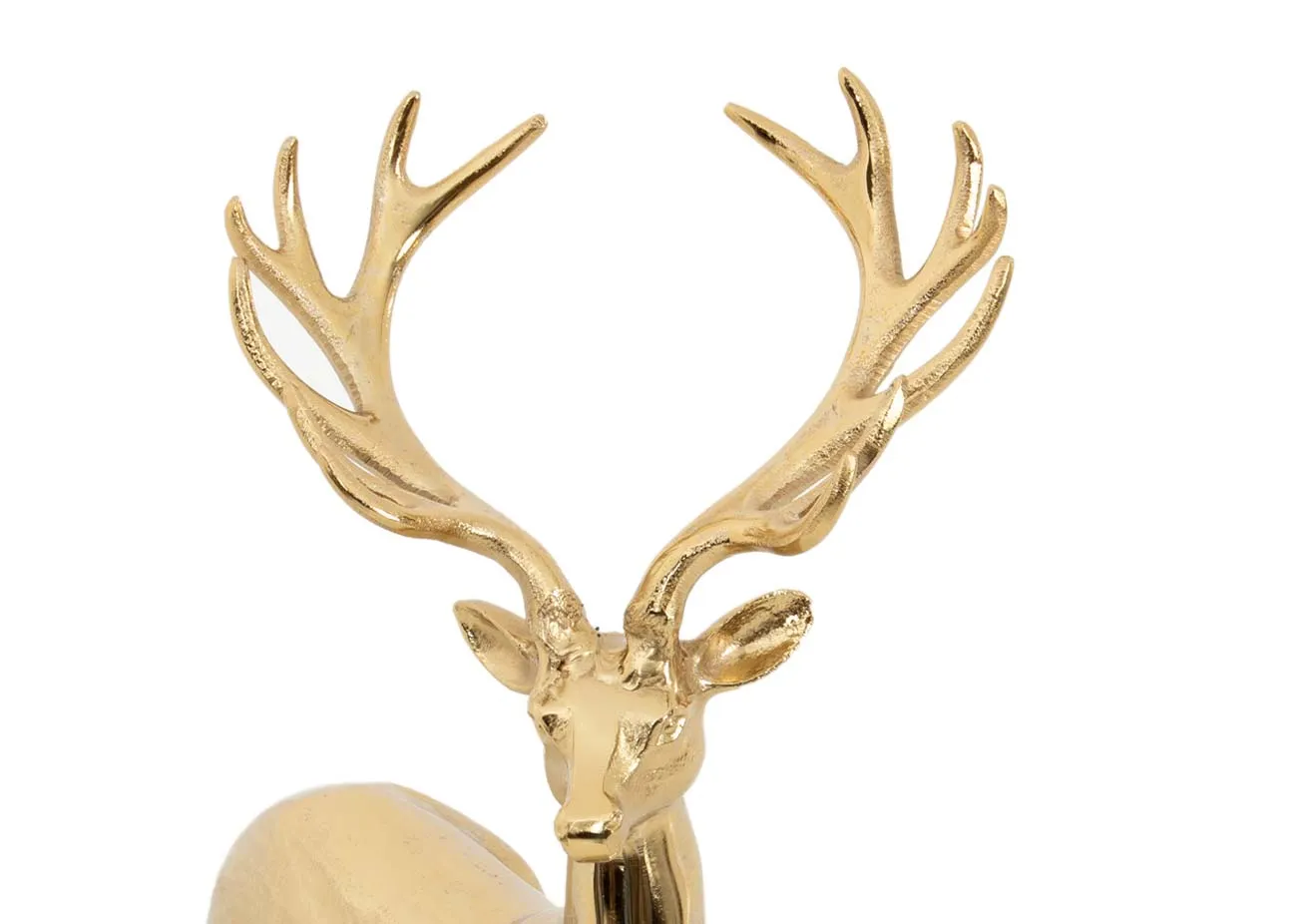 A sitting gold reindeer ornament from EZ Livings Christmas range. Closeup of antlers
