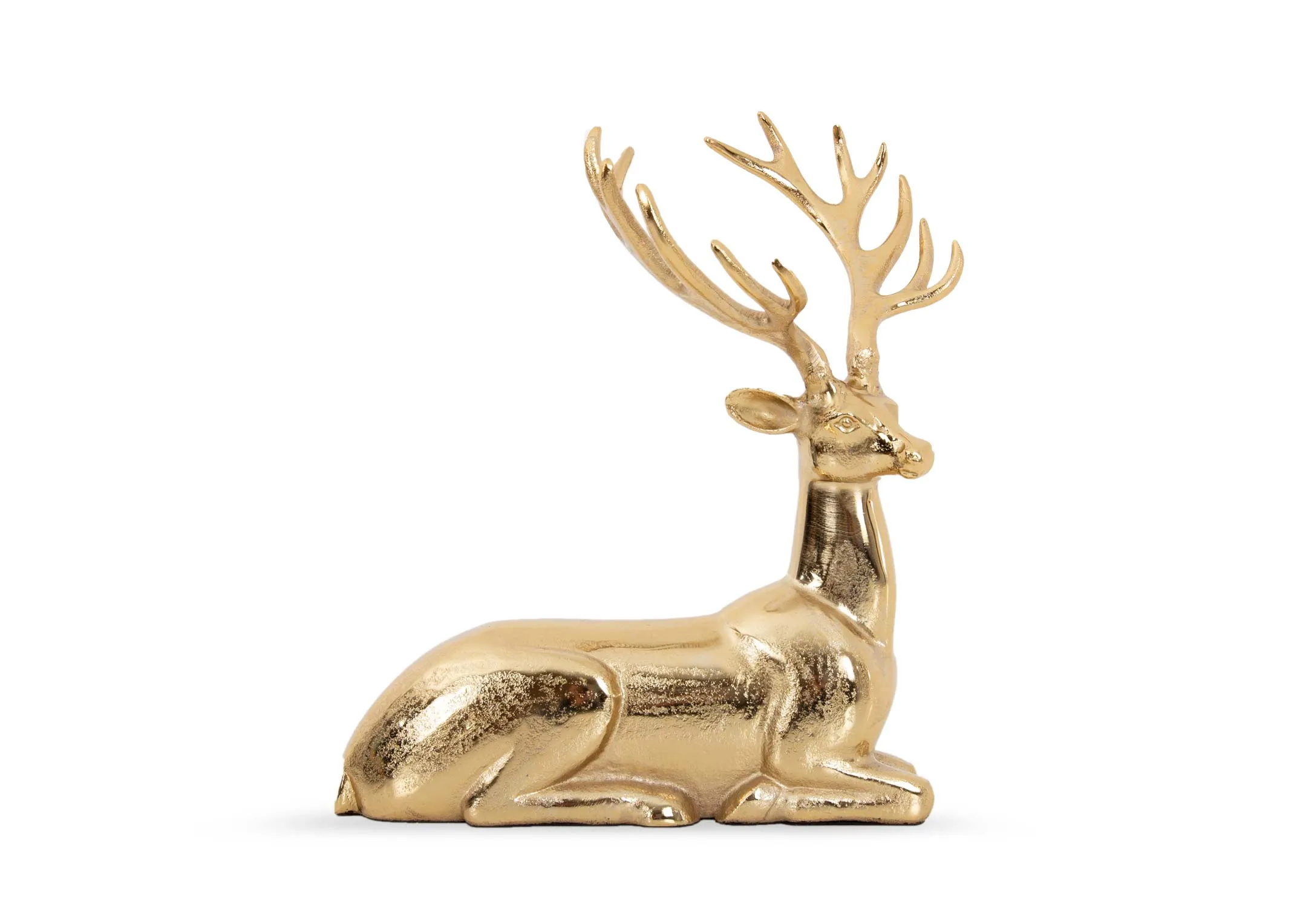 A sitting gold reindeer ornament from EZ Livings Christmas range. Side view