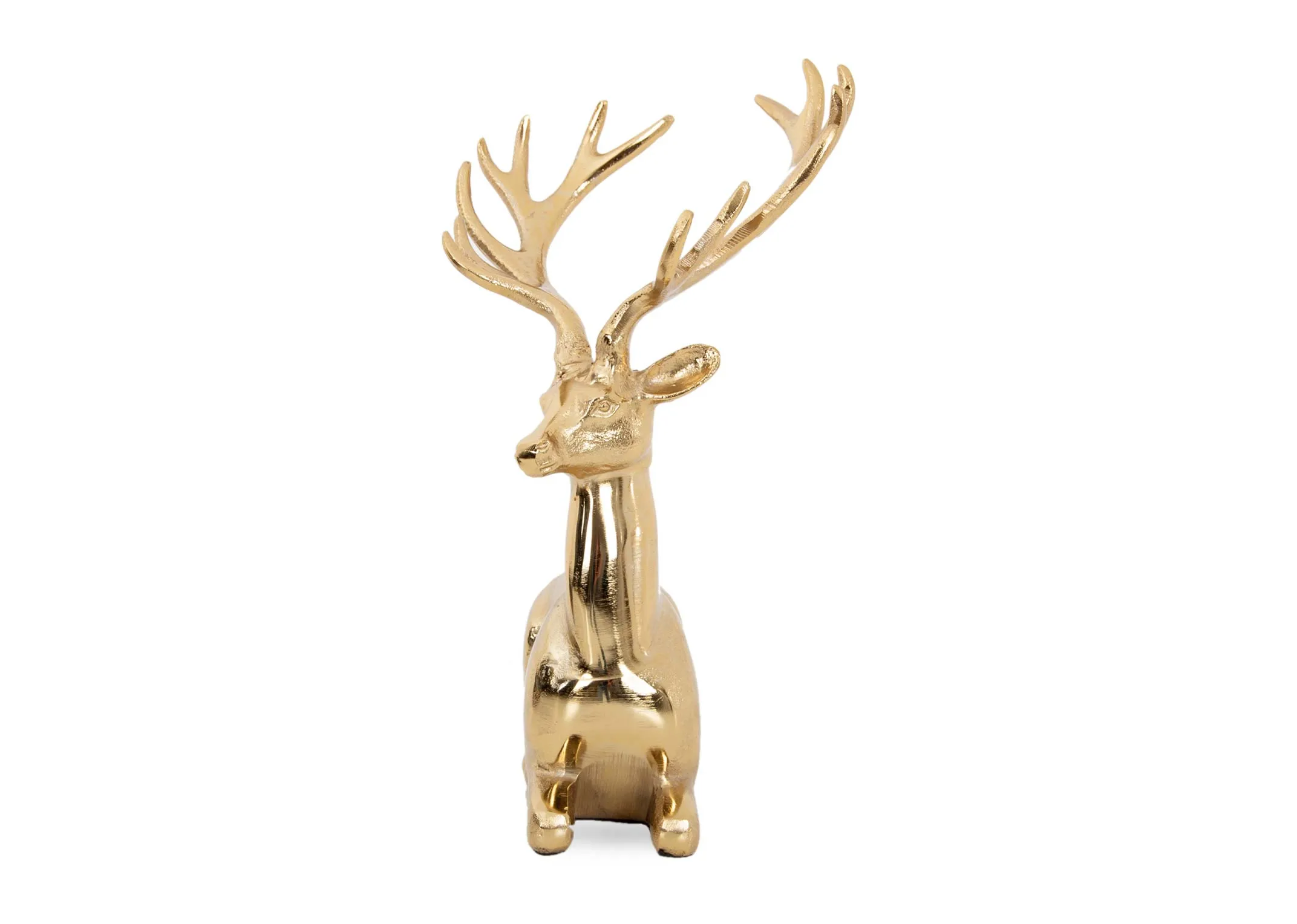 A sitting gold reindeer ornament from EZ Livings Christmas range. Front view of metallic finish.