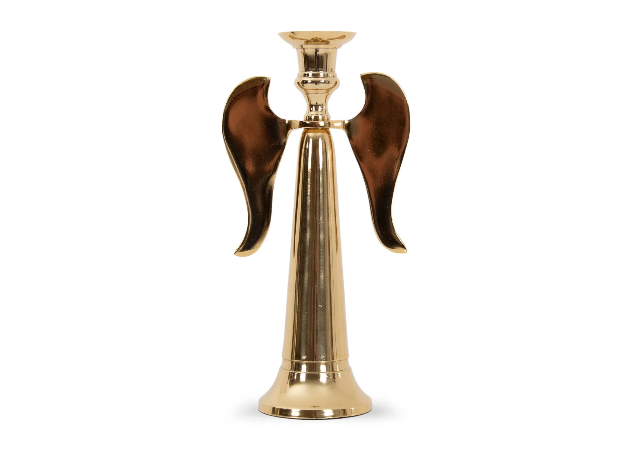A medium angel gold candle holder from EZ Livings Christmas range. Front view of candlestick