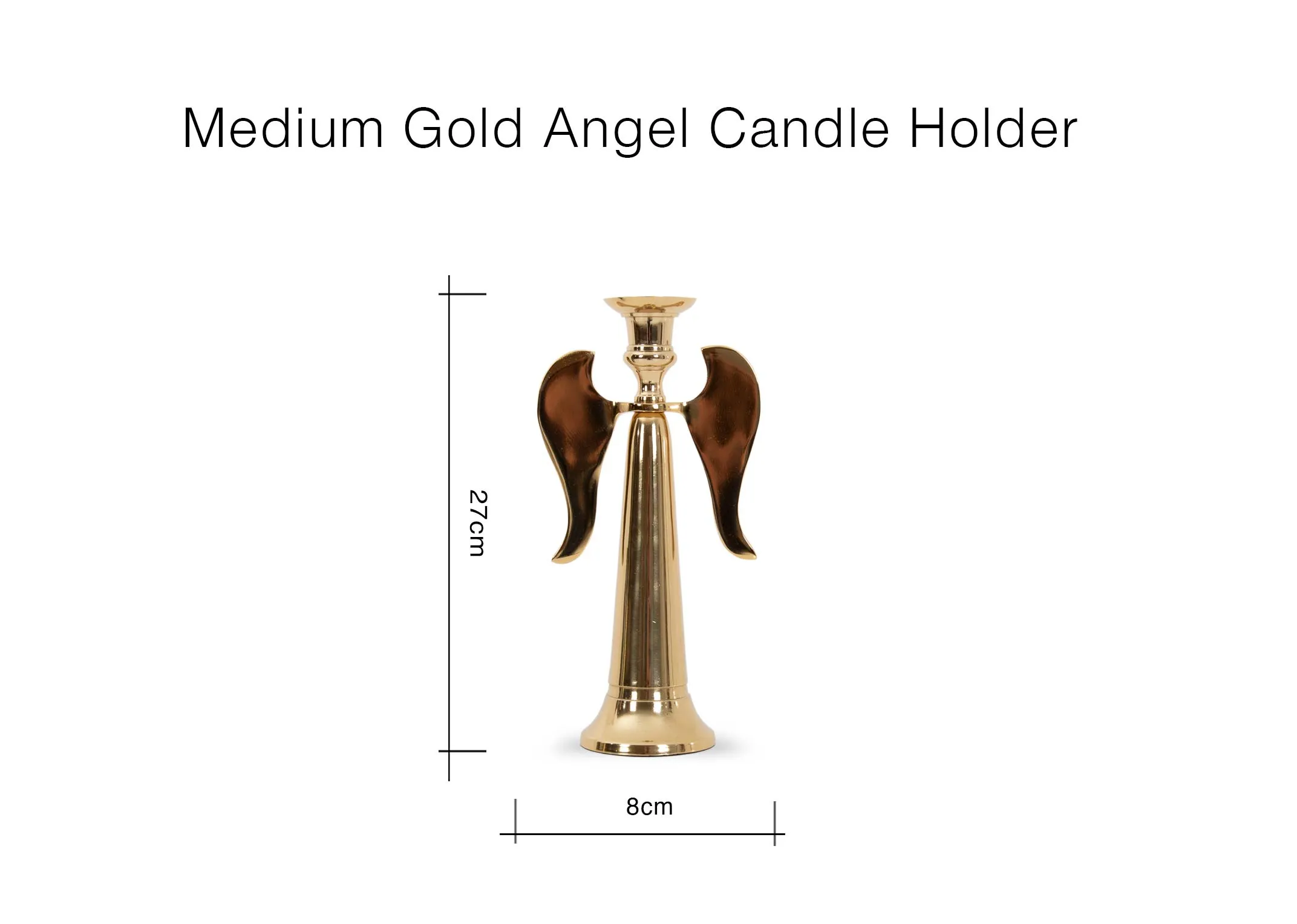 A dimension image of the Angel Candle holder in medium with 8cm x 27cm