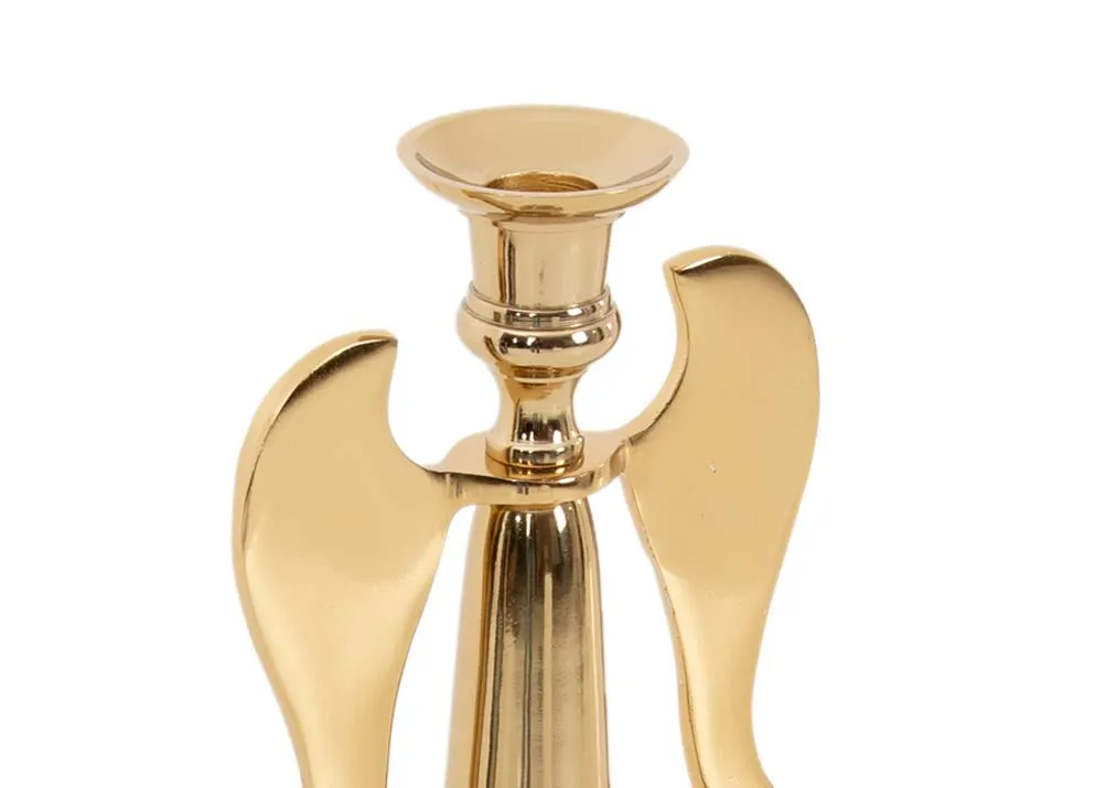 A small angel gold candle holder from EZ Livings Christmas range. Closeup of holder for dinner candle