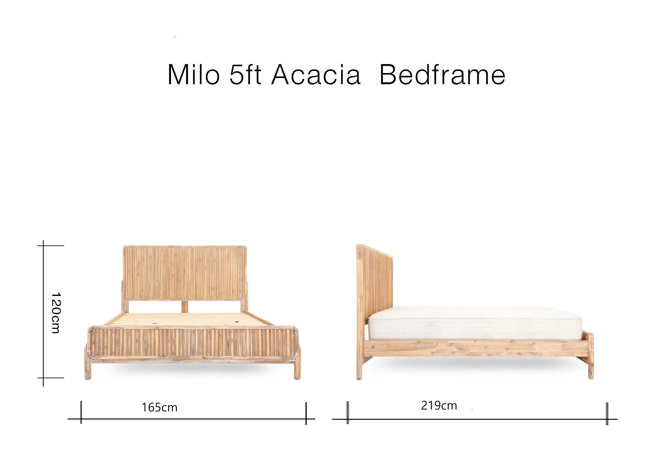 A dimension image of the Milo 5ft Bedframe with 165cm x 219cm x 122cm