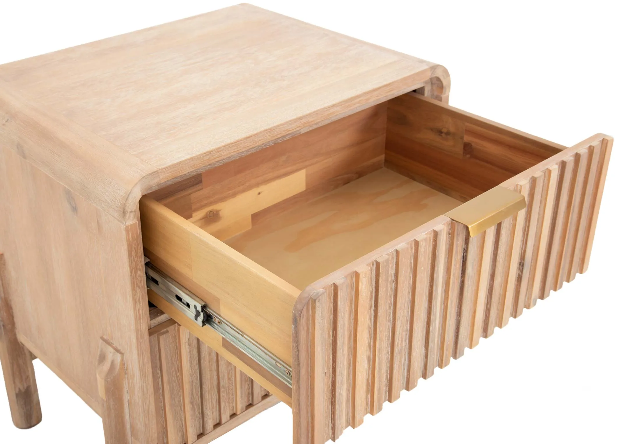 A 2 drawer mango wood locker with panelled front from EZ Livings Milo range. Closup of open drawer with gold metal handle.