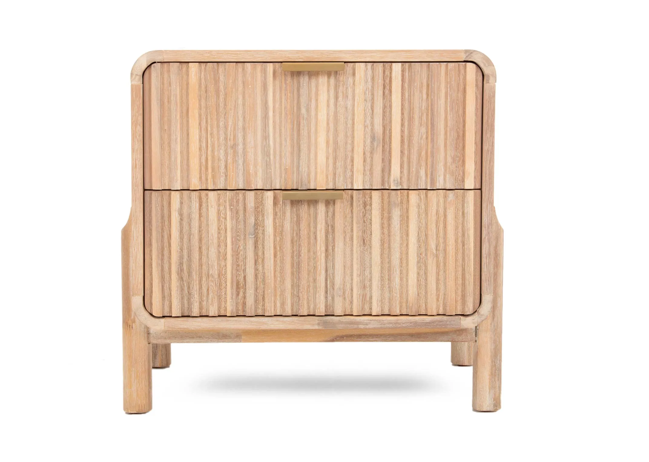 A 2 drawer mango wood locker with panelled front from EZ Livings Milo range. Front view of small wood feet.