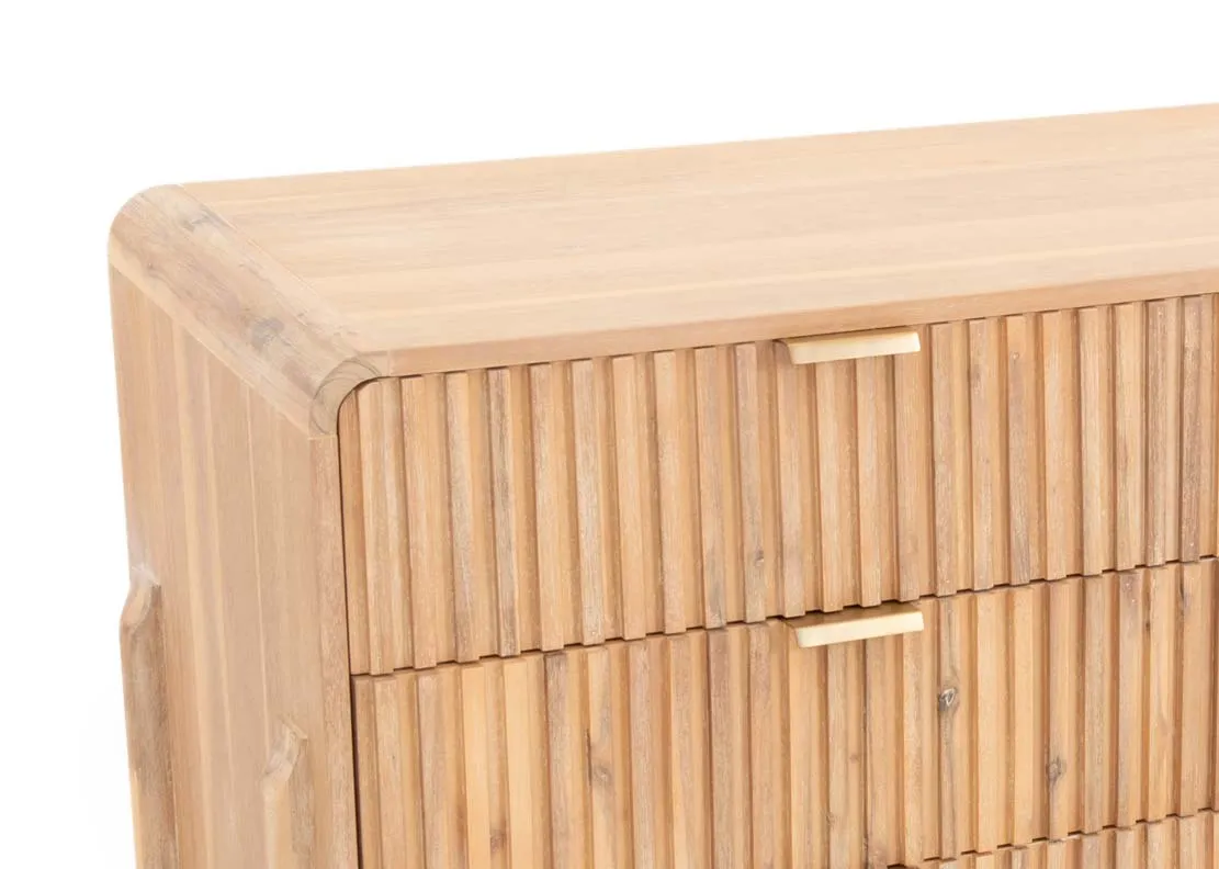 A 6 drawer acacia dresser from EZ Livings Milo range. Closeup of panneling detail on drawers
