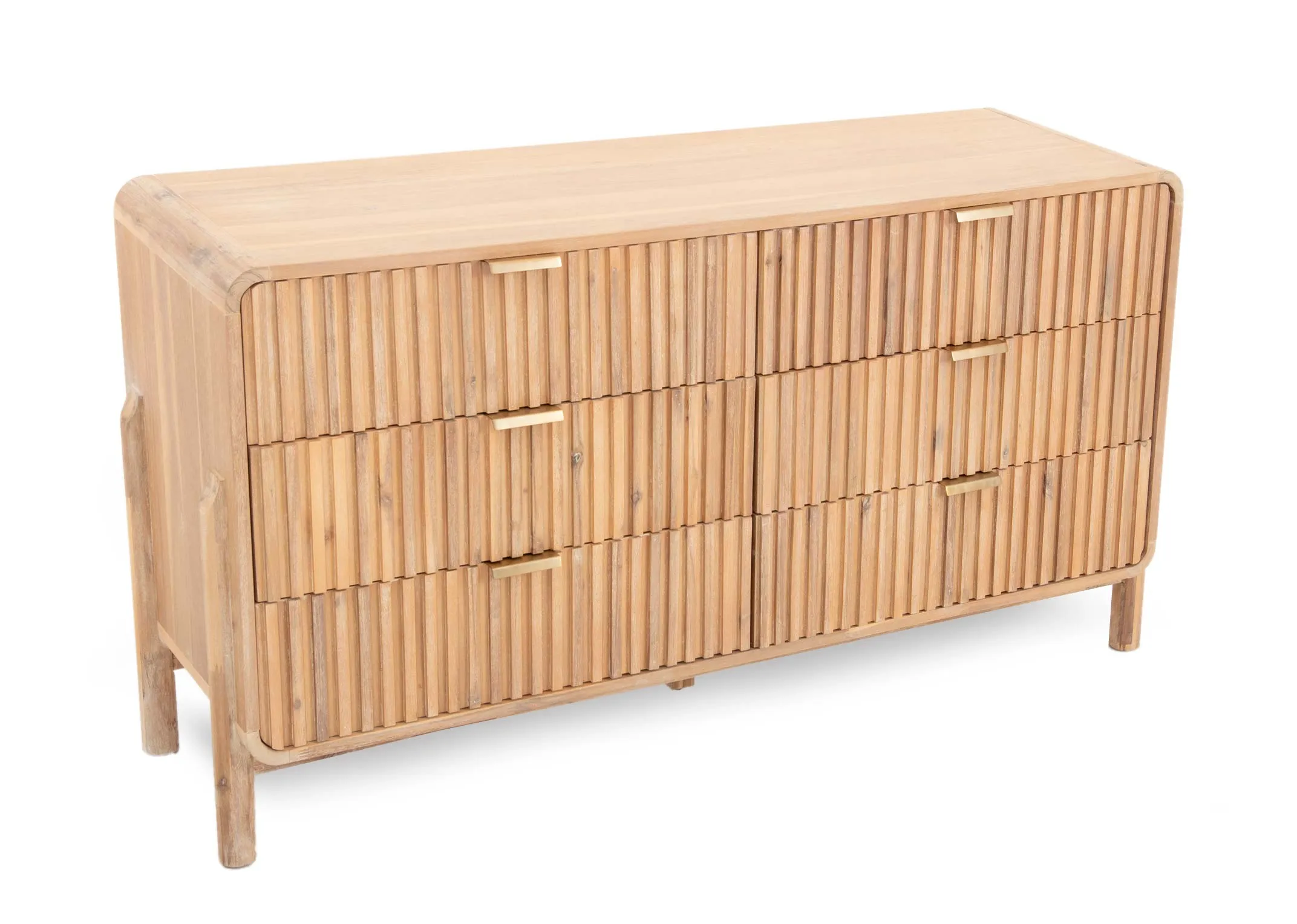 A 6 drawer acacia dresser from EZ Livings Milo range. Angled view of distressed wood finish with gold handles on drawers