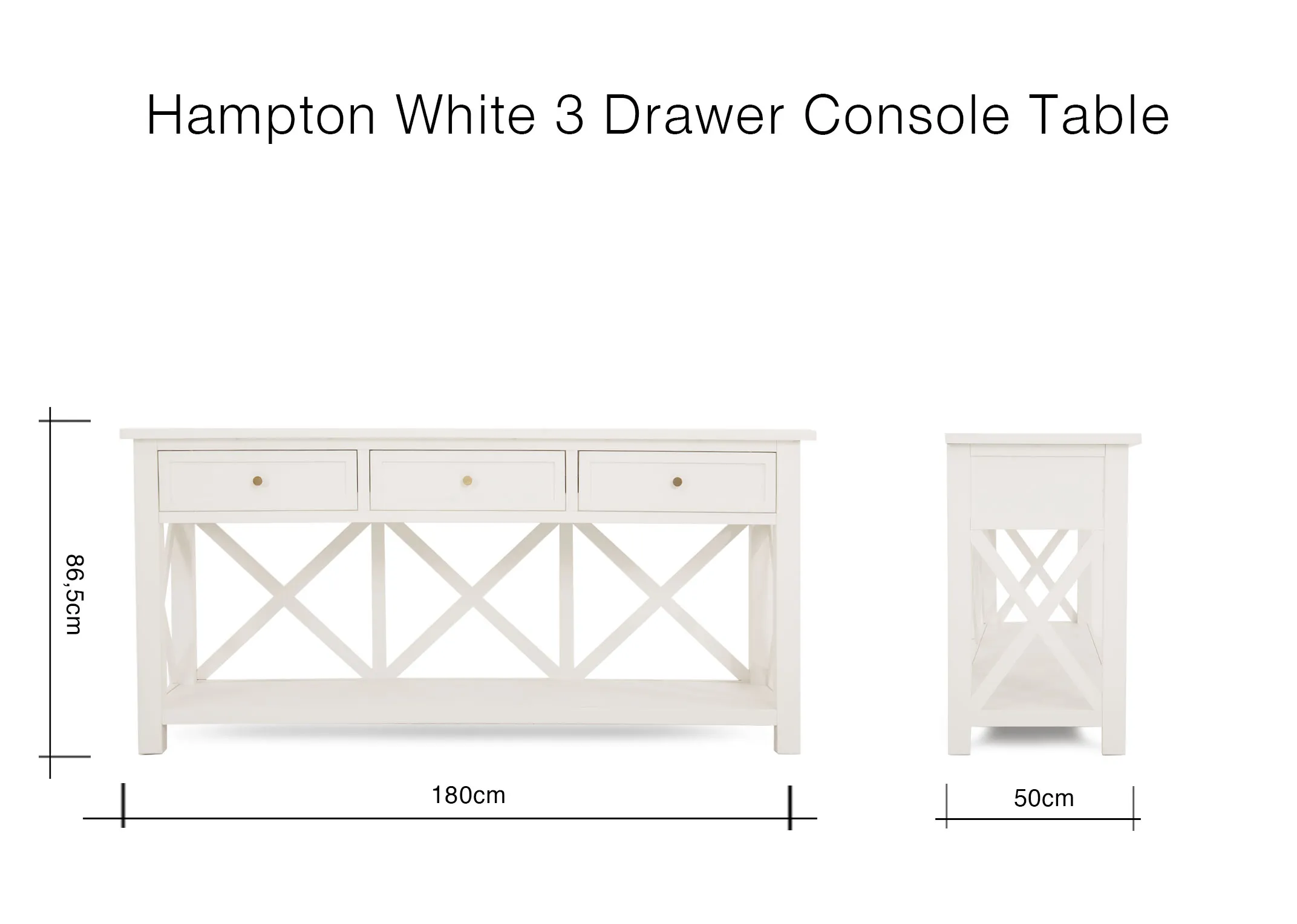 A lifestyle image of the Hampton Console Table with a selection of vases
