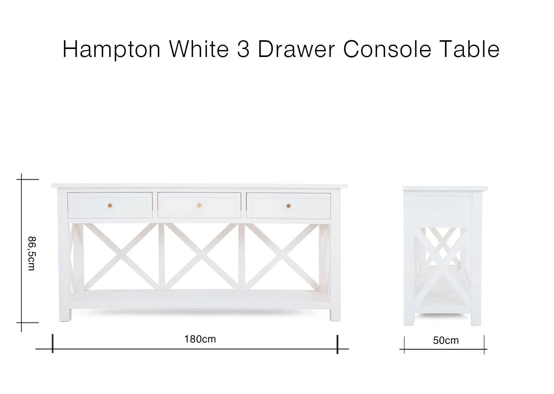 A dimension image of the Hampton Console Table with 180cm x 50cm x 56.5cm