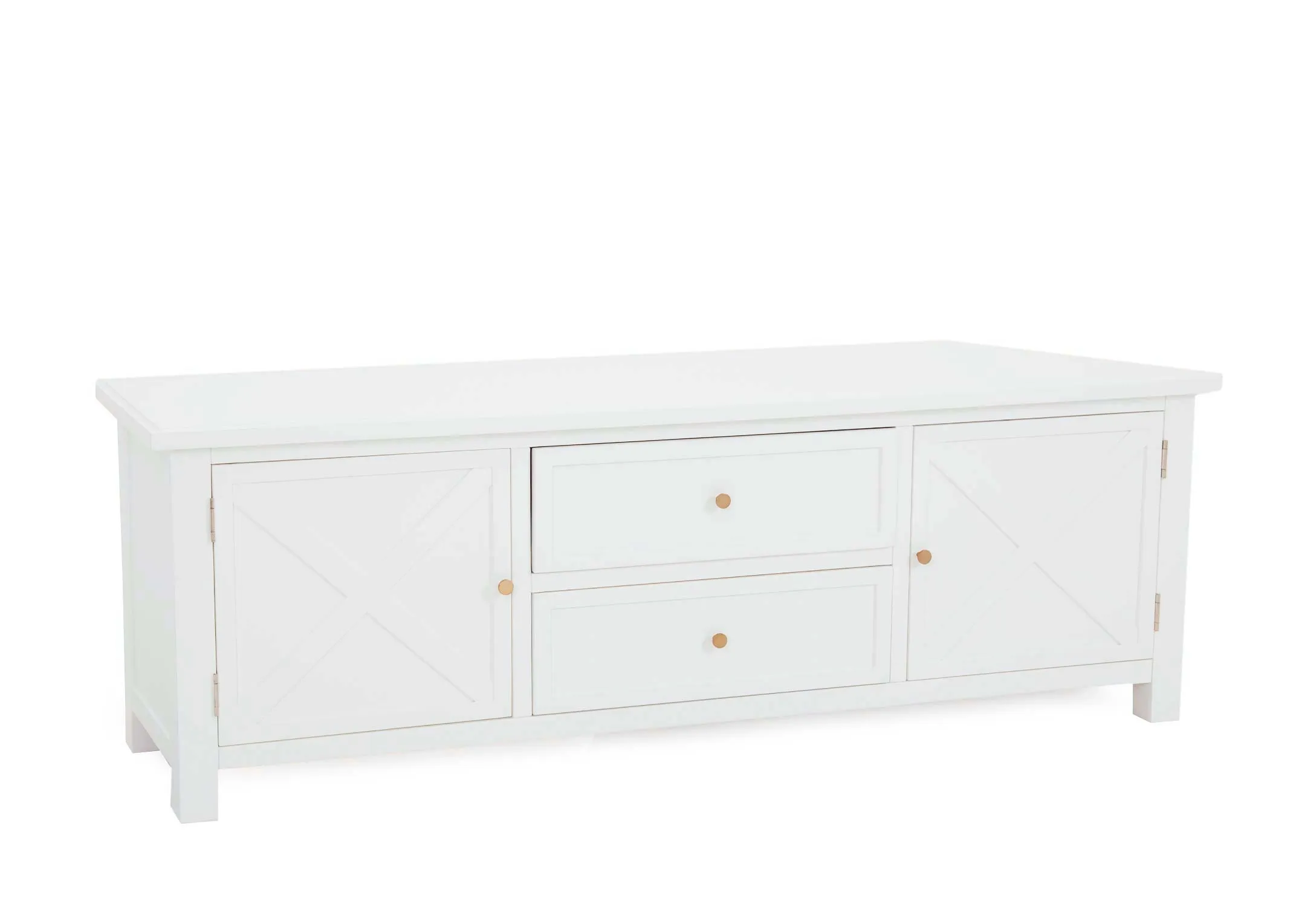 A 2 door 2 drawer white tv unit from EZ Livings Hampton range. Angled view.
