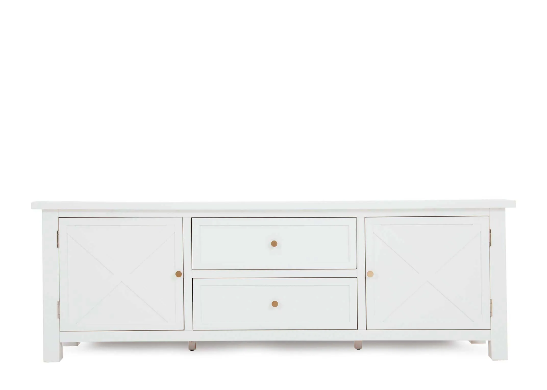 A 2 door 2 drawer white tv unit from EZ Livings Hampton range. Front view
