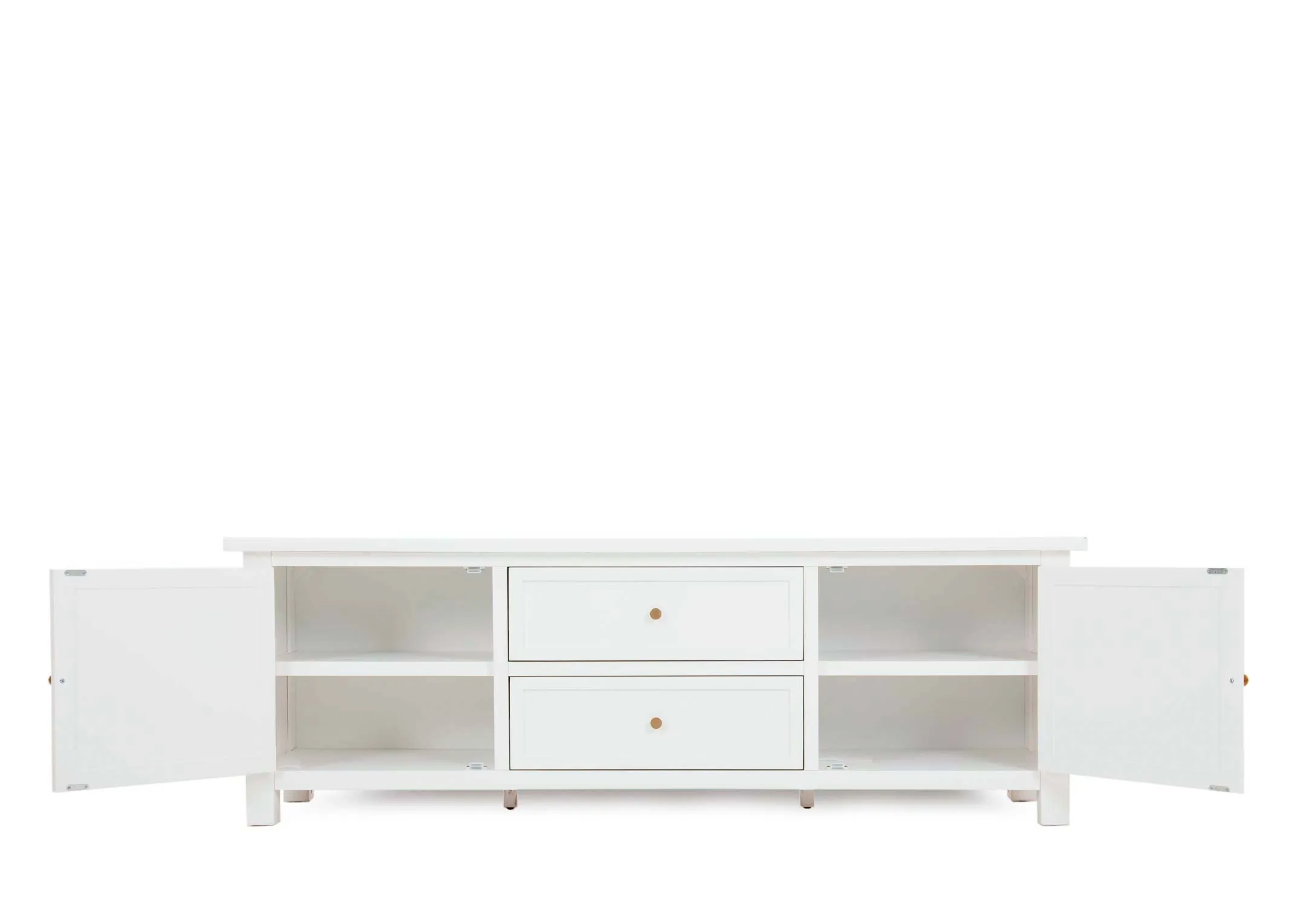A 2 door 2 drawer white tv unit from EZ Livings Hampton range. Front view of 2 doors open with 2 shelves either side