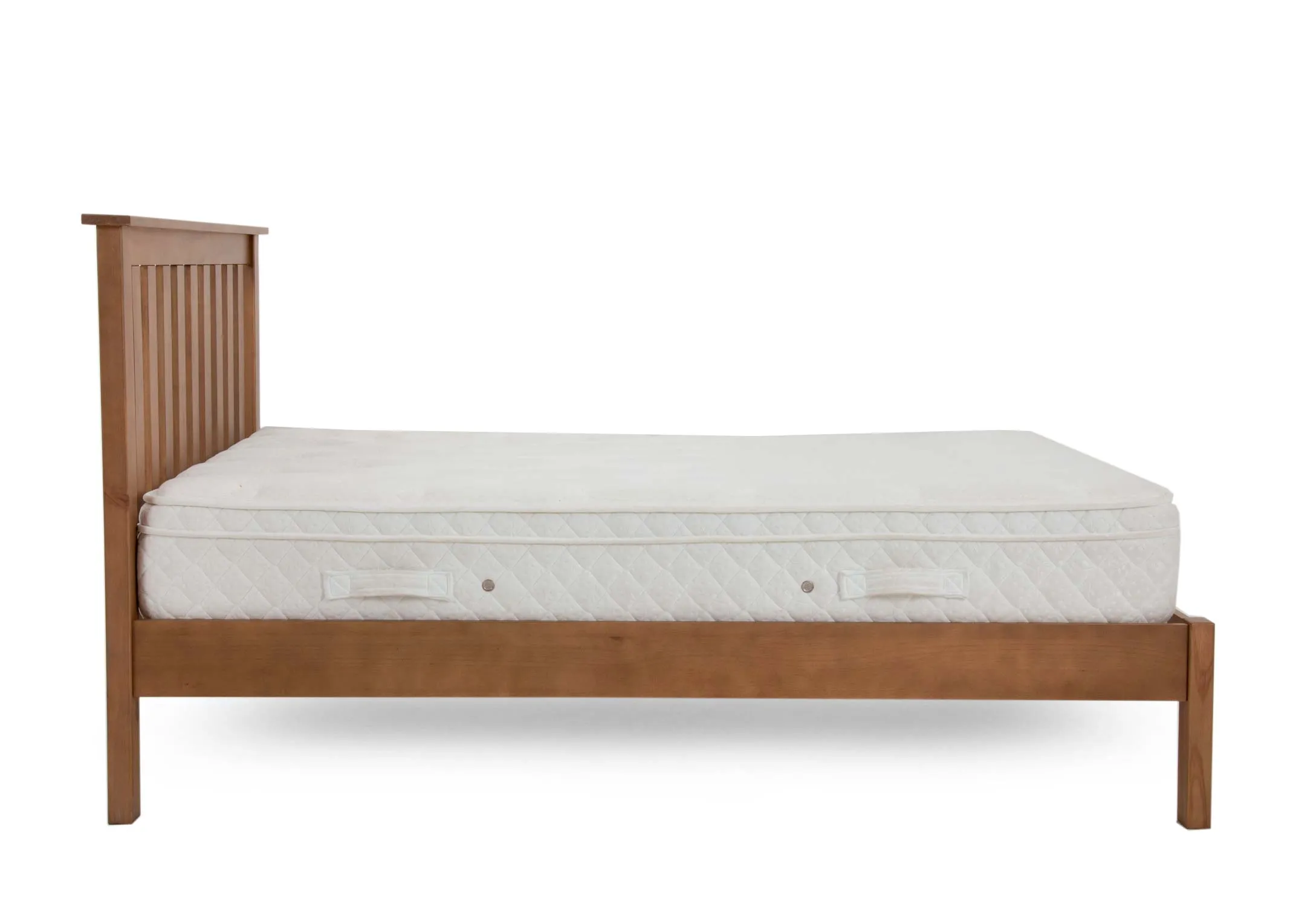 A double 4ft6 rustic bed frame from EZ Livings Atlas range. Side view of bed with mattress showing space underneath the bed.