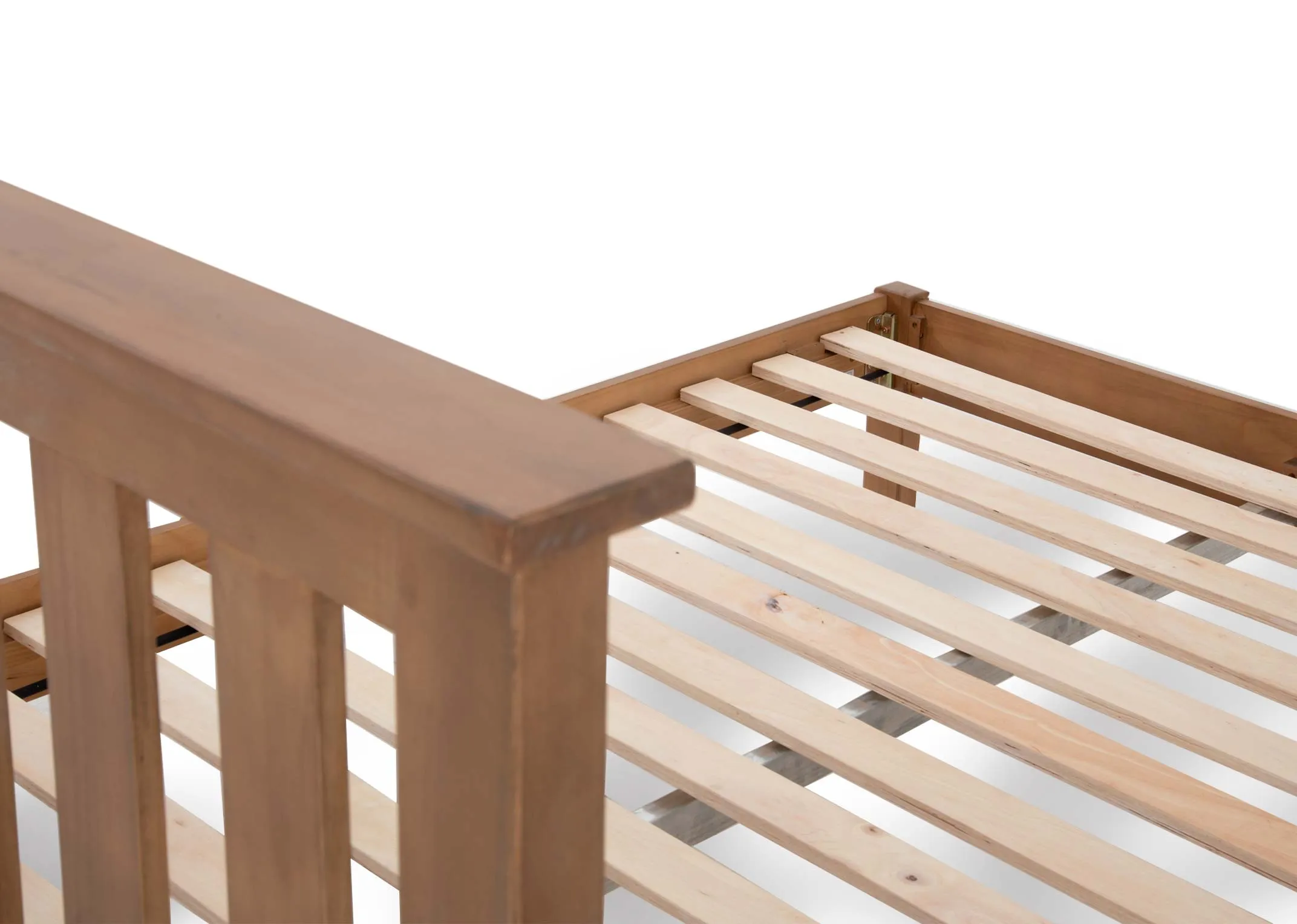 A double 4ft6 rustic bed frame from EZ Livings Atlas range. Closeup of slatted wood base.