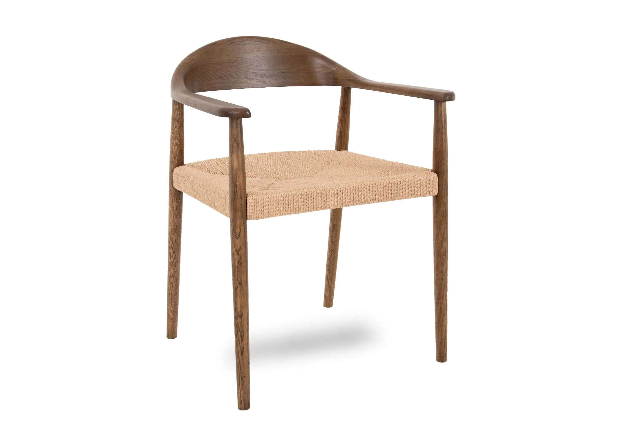 A smoked oak dining chair with woven seat from EZ Livings Wave range. Angled view of high arms and back