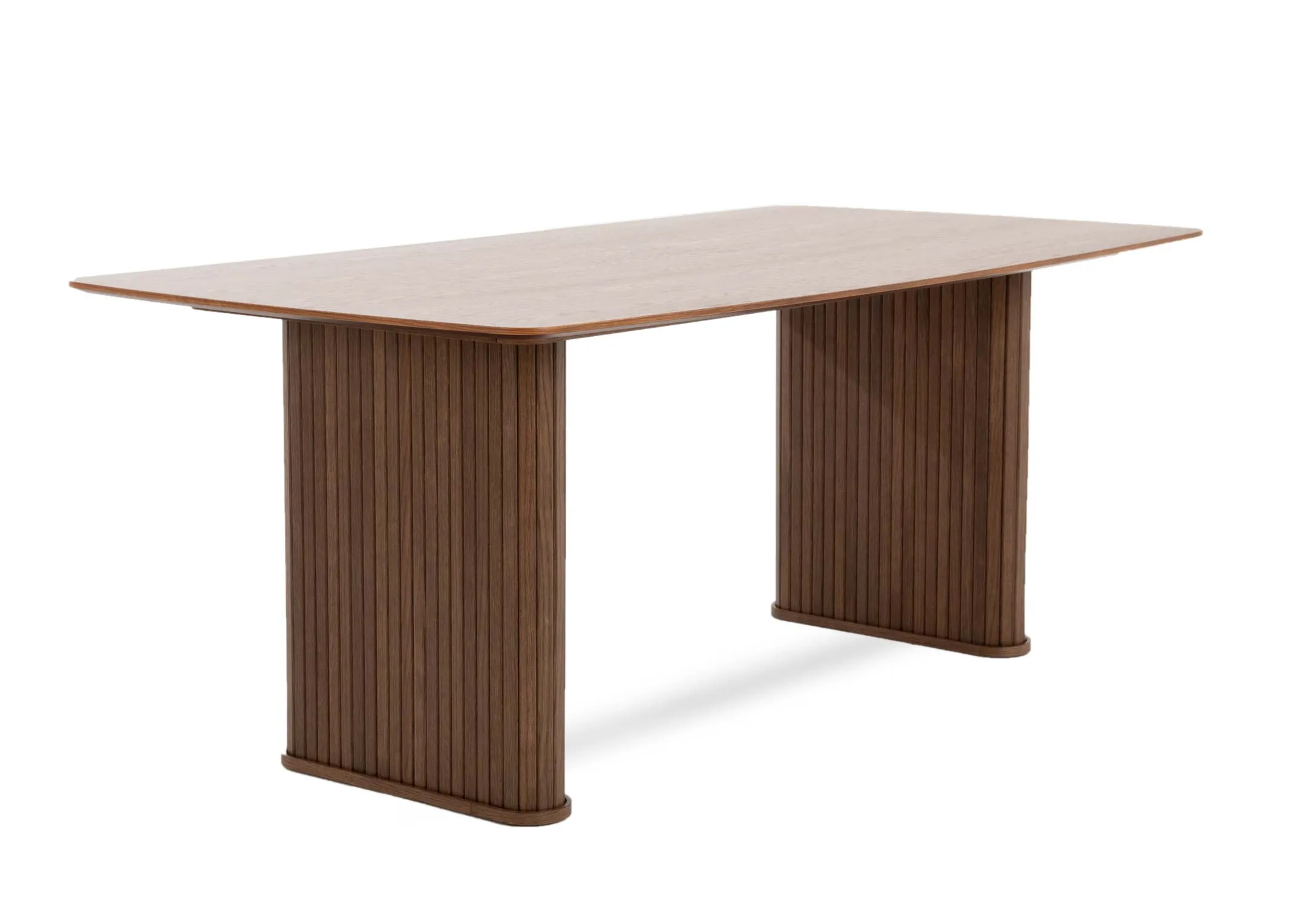 A smoked oak dining table from EZ Livings Nola Range. Angled view of wide panelled legs on table
