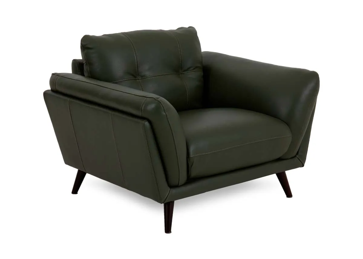 A green leather armchair from EZ Livings Toscana range. Angled view of the wide armchair with walnut legs
