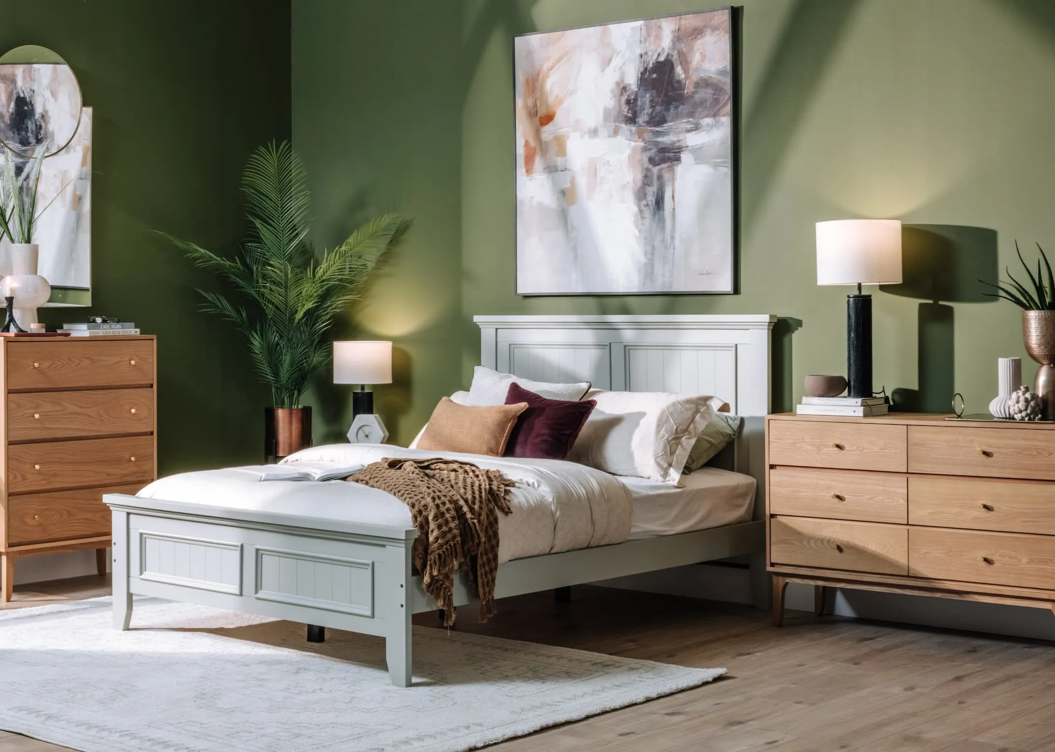 A dimension image of the Joseph bedframe with Samuel chest and dresser with Dreamy print.