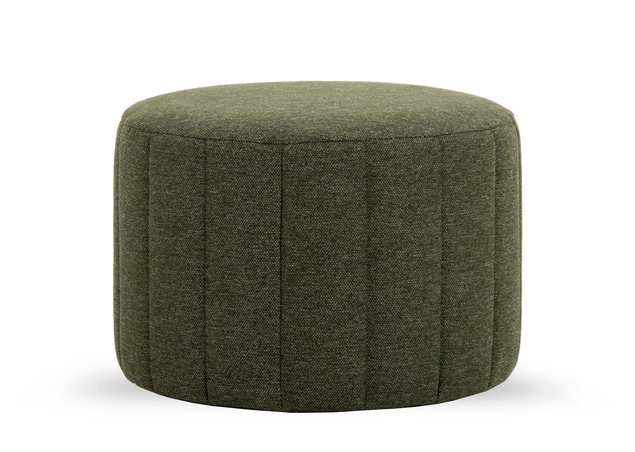 A green fabric footstool from EZ Livings Alexo range. Front view of seamed panel design.