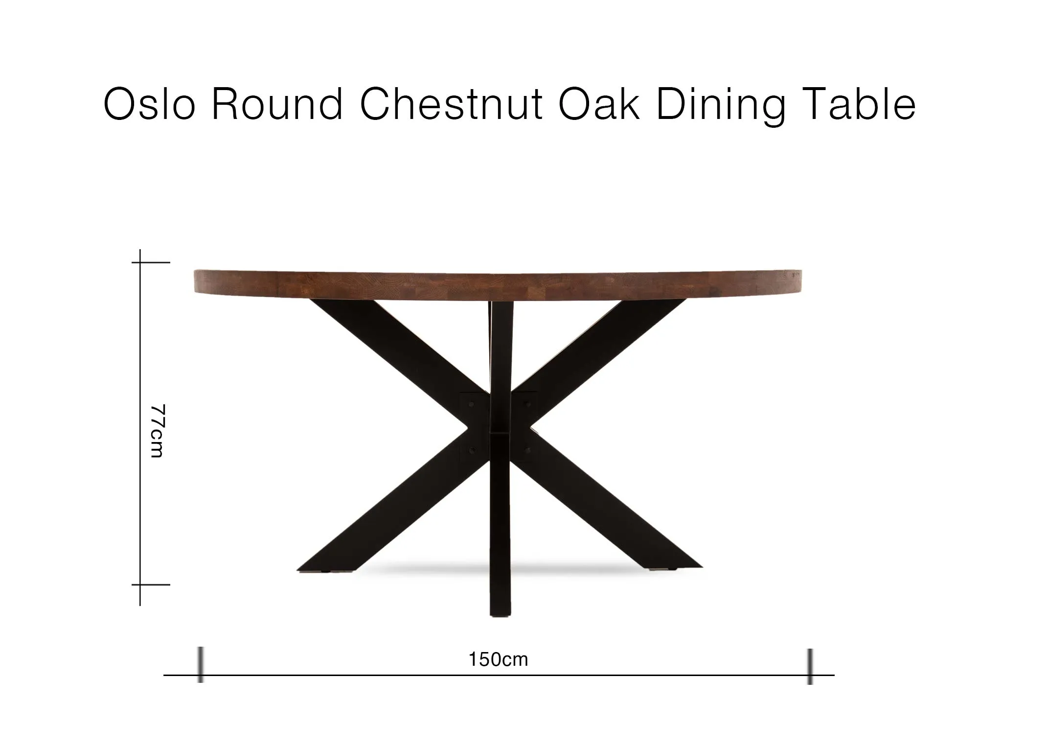 A dimension image of the Oslo Dining Tbale with 150cm x 77cm