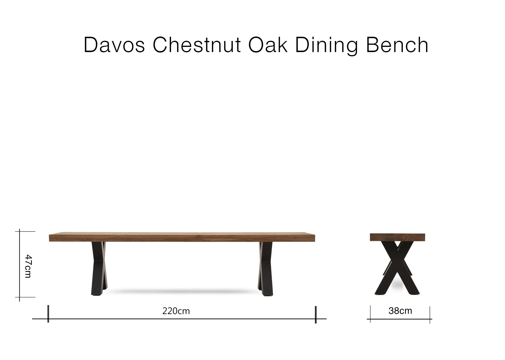 A dimension image of the Davos Oak Bench with 220cm x 38cm x 47cm