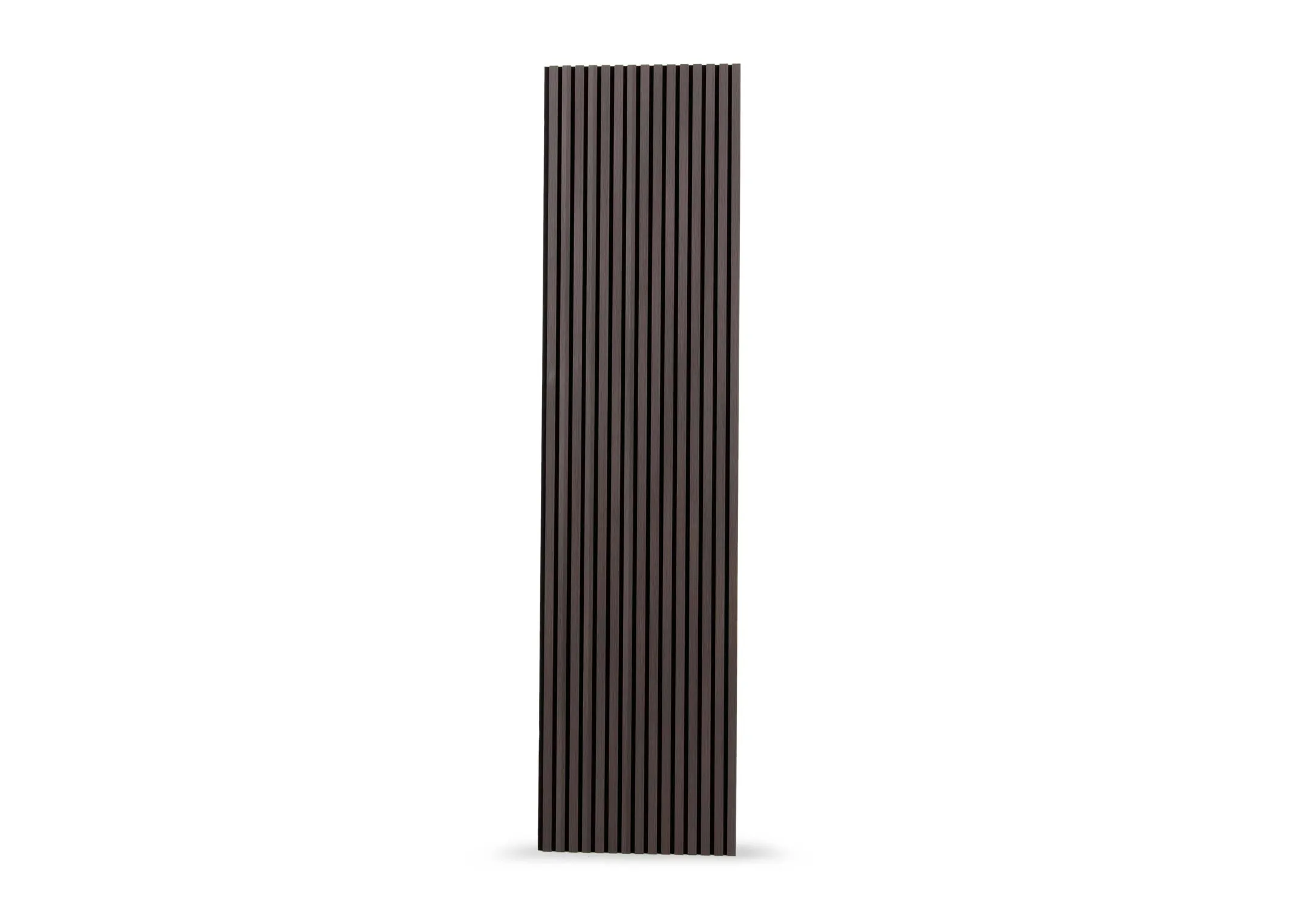 A black oak slatted wall panel from EZ Livings Home Decor Range. Front view of matt black grain finish