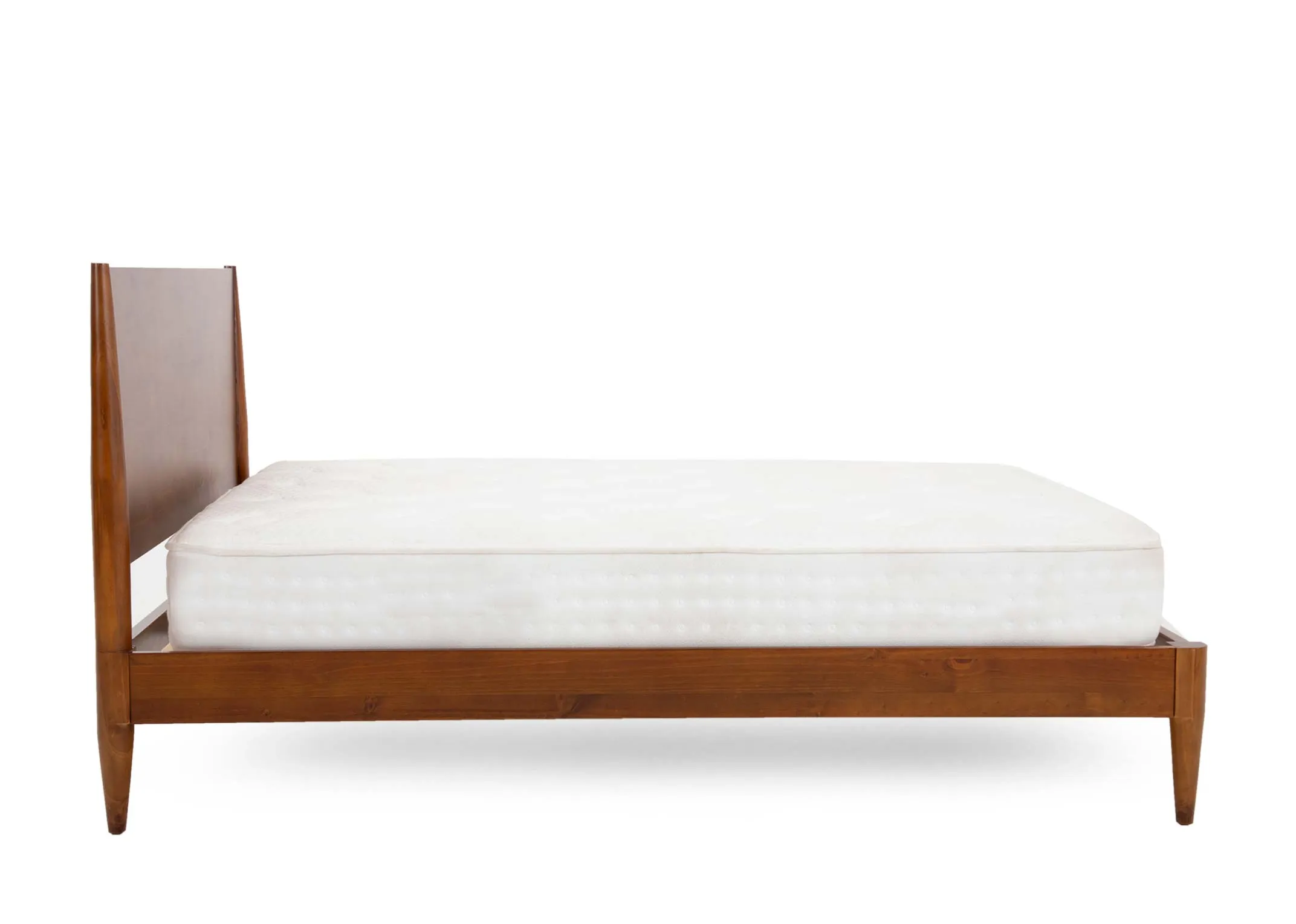 A double 4ft 6 dark wood bedframe from EZ Livings Leya range. Side view of bed with no footboard.