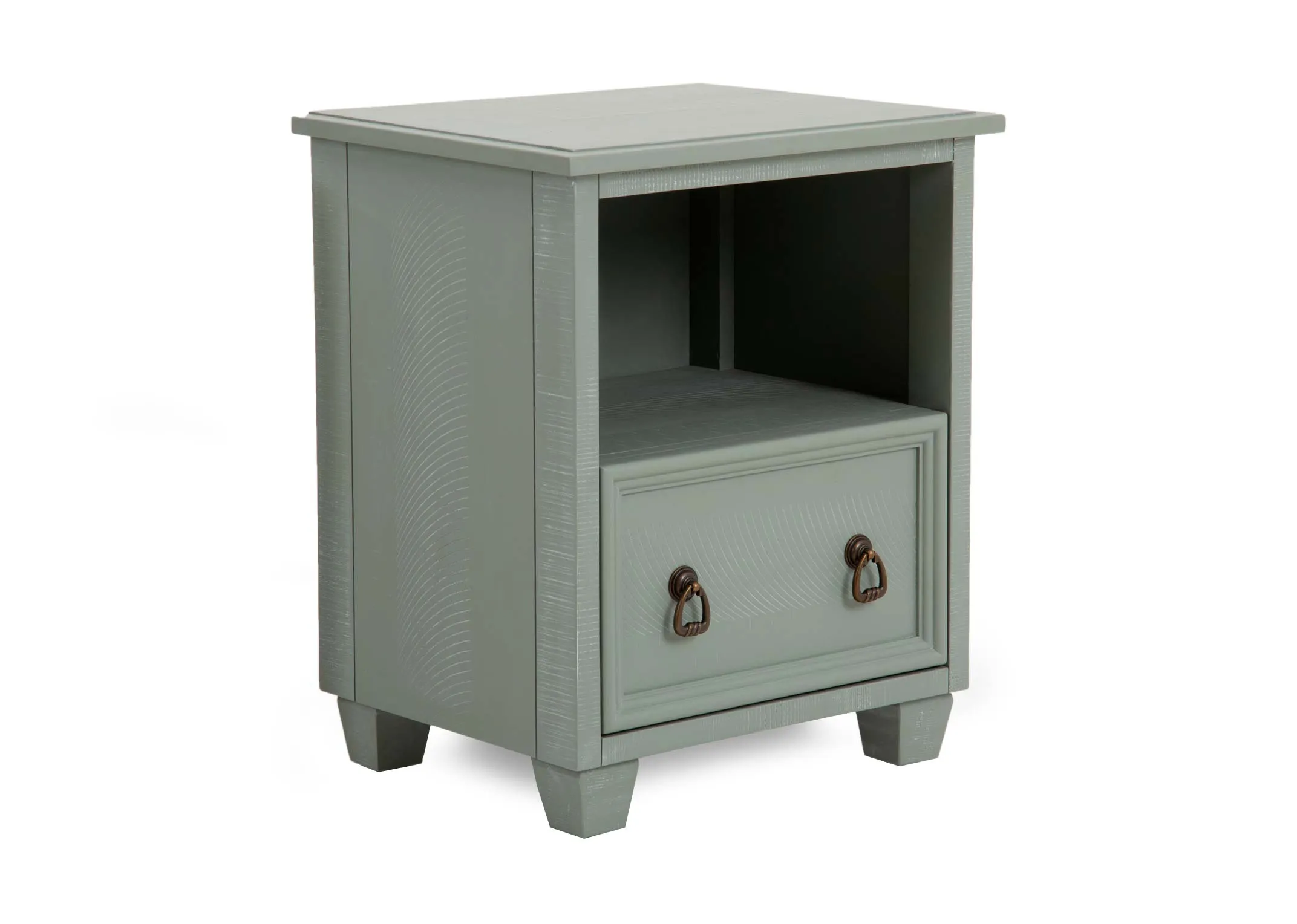 A small light green wood locker from EZ Livings Grenoble range. Angled view of shelf & drawer.