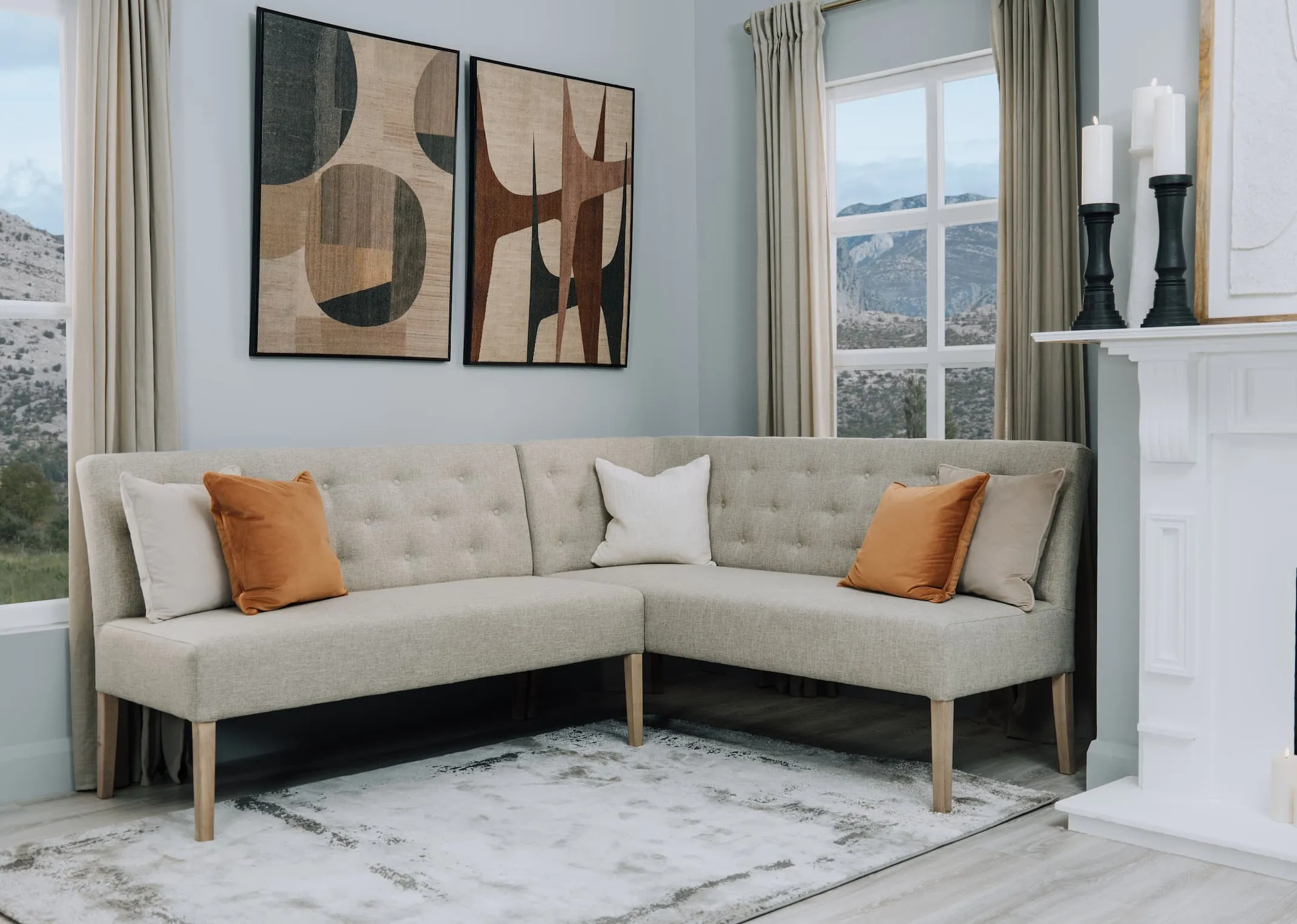 A lifestyle image of the Stanford Bench with Grafton table & bench and Kabini & Kaza prints.