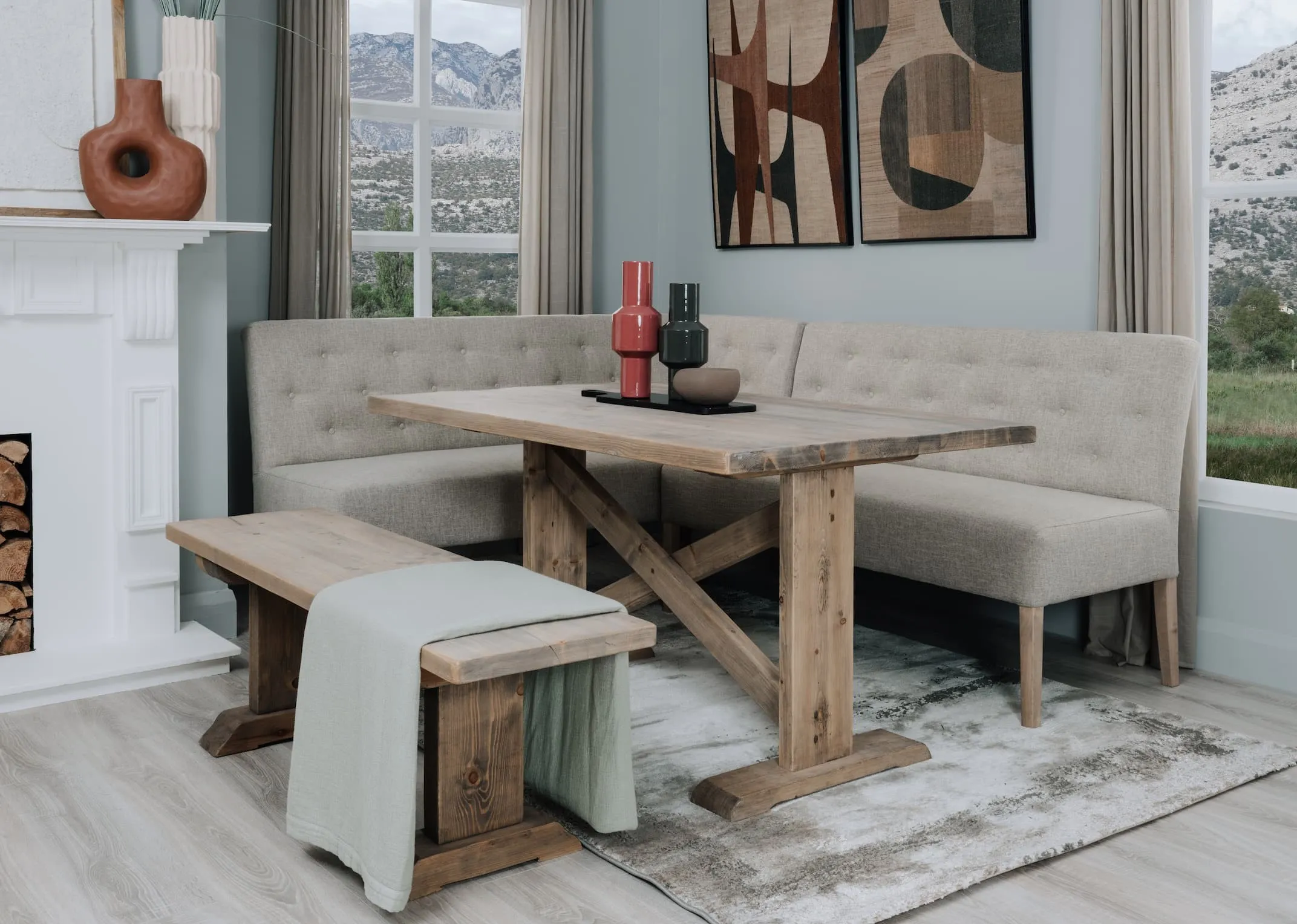 A lifestyle image of the Stanford Bench with Grafton table and bench with a selection of accessories.