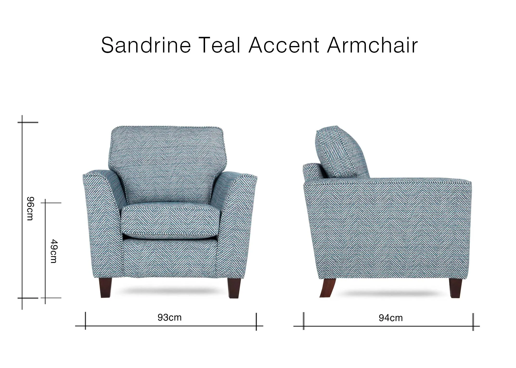 A dimension image of the Sandrine Armchair with 93cm (W) x 94cm (D) x 96cm (H)