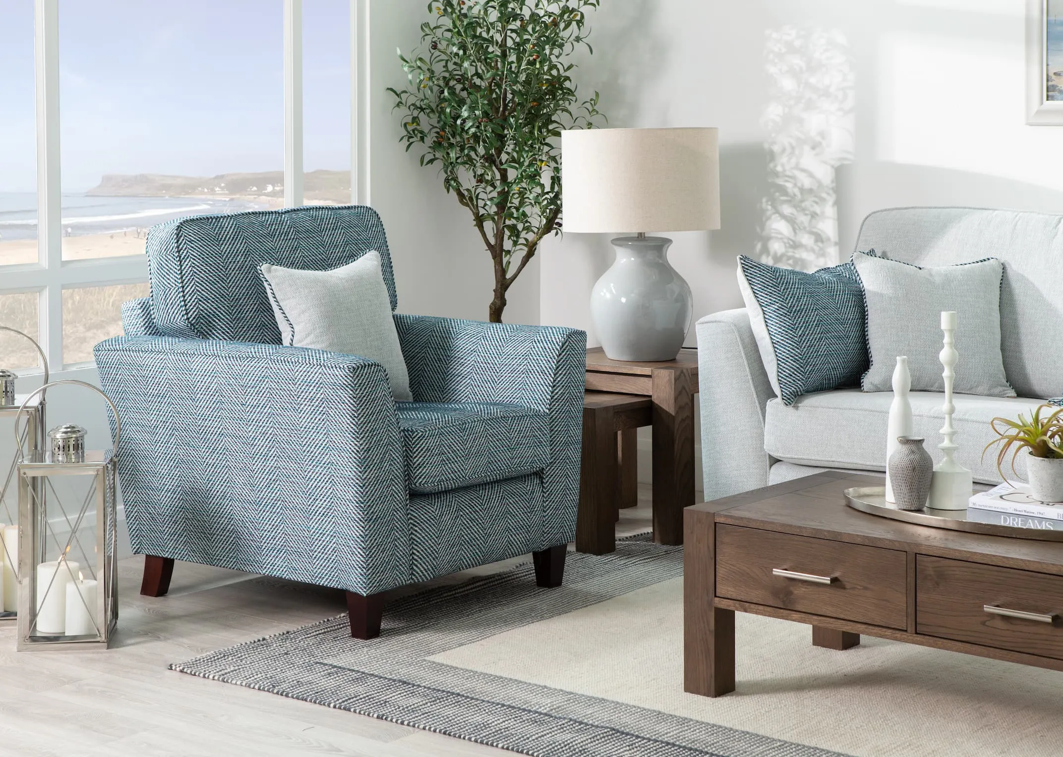 A lifestyle of the Sandrine chair with Turin furniture range and Olin lamp