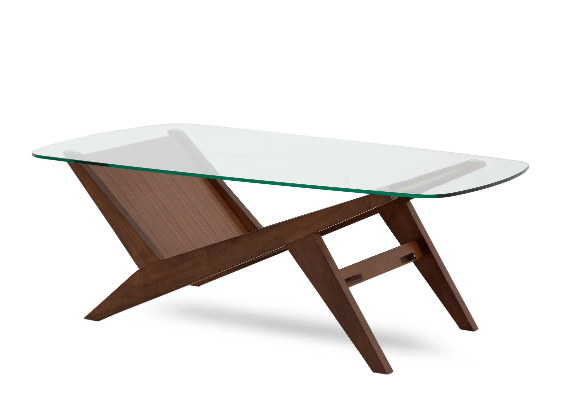 A walnut base coffee table with glass rectangular top from EZ Livings Henry range. Angled view