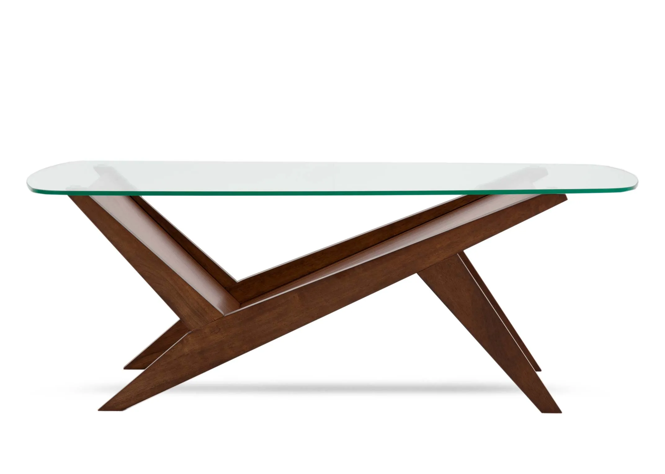 A walnut base coffee table with glass rectangular top from EZ Livings Henry range. Front view of angled legs.