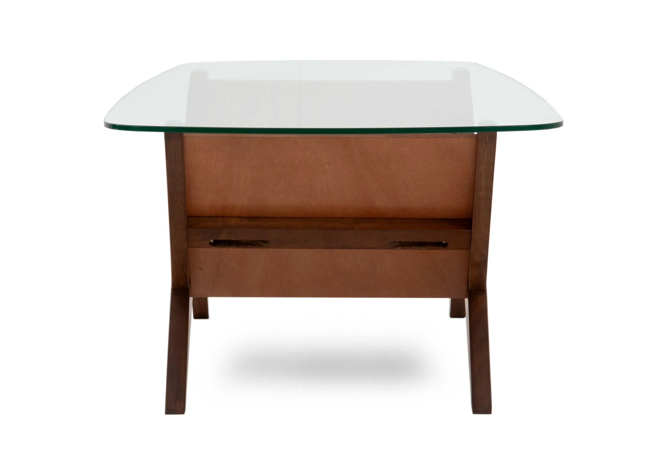 A walnut base coffee table with glass rectangular top from EZ Livings Henry range. Side view of legs.