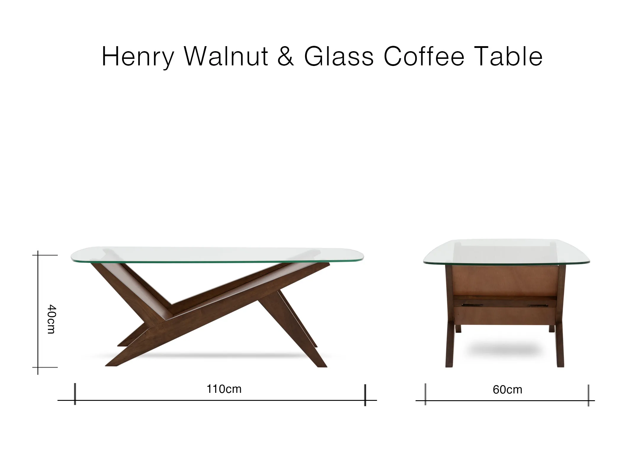 A dimension image of the Henry Walnut & Glass cofee table with 110cm x 60cm x 40cm