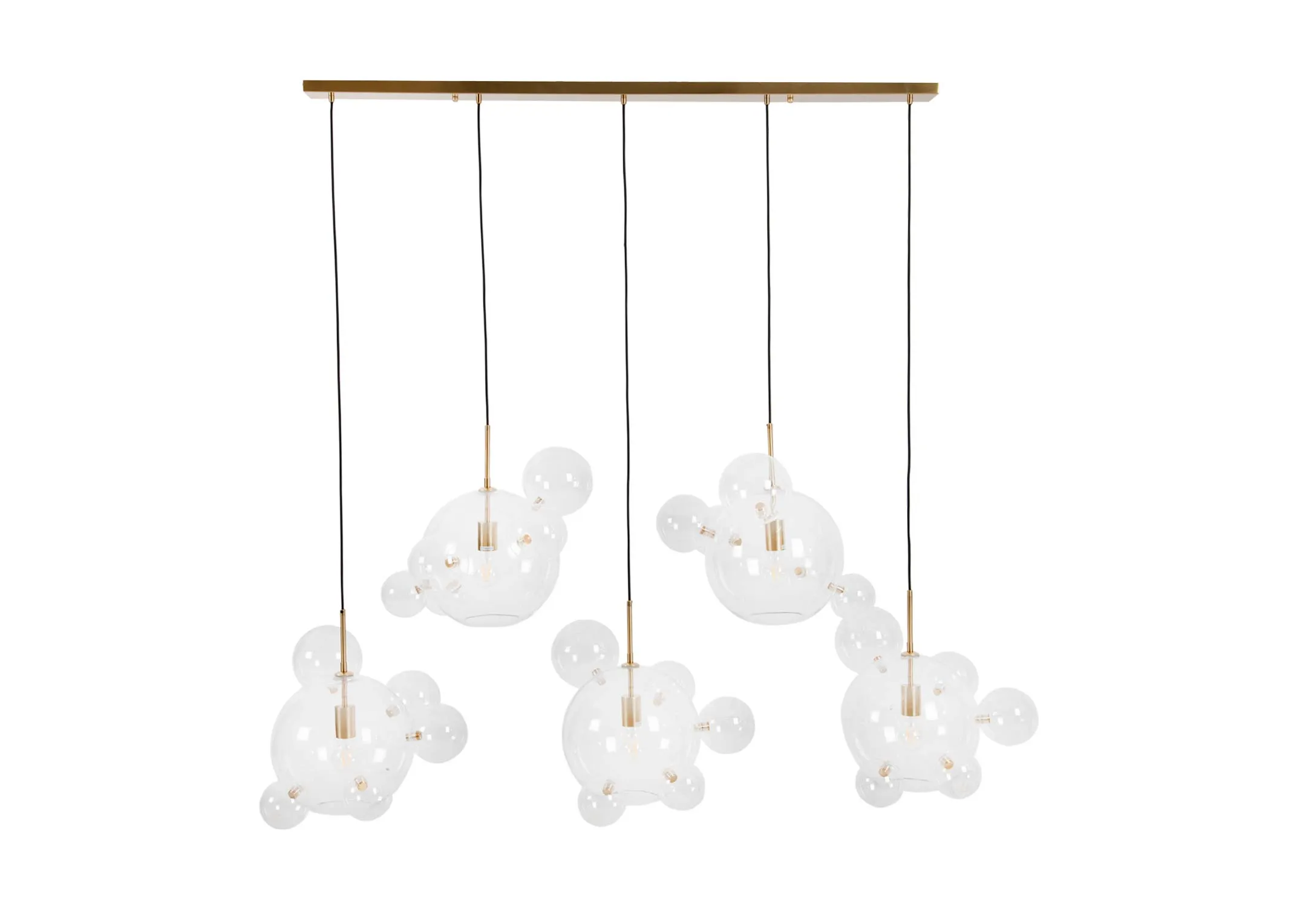 A gold ceiling light with 4 glass orbs from EZ Livings Riona range. Front view of long black cables.