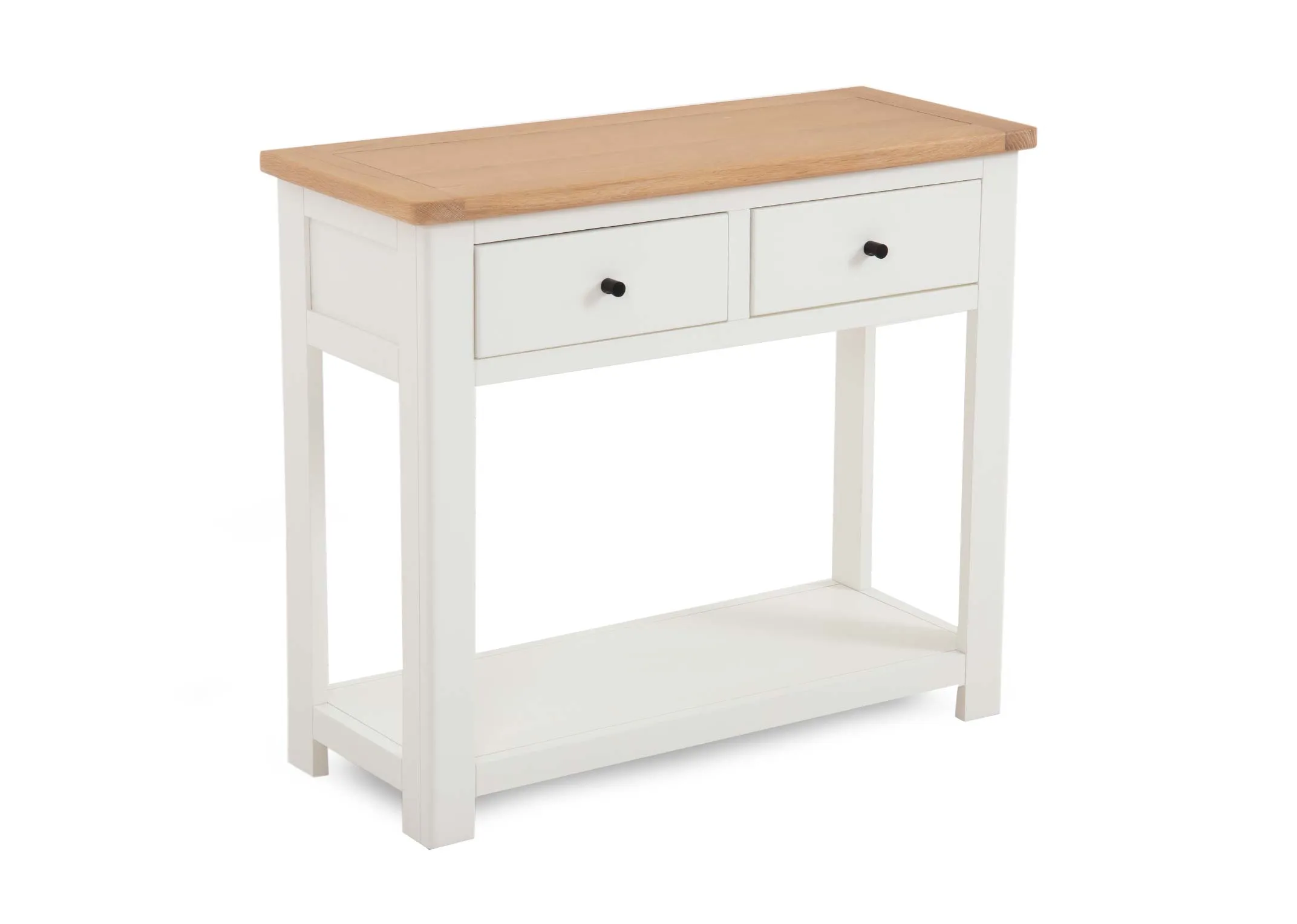 A white 2 drawer console table with oak top from EZ Livings Barleycove range. Angled view of lower shelf and wood top.