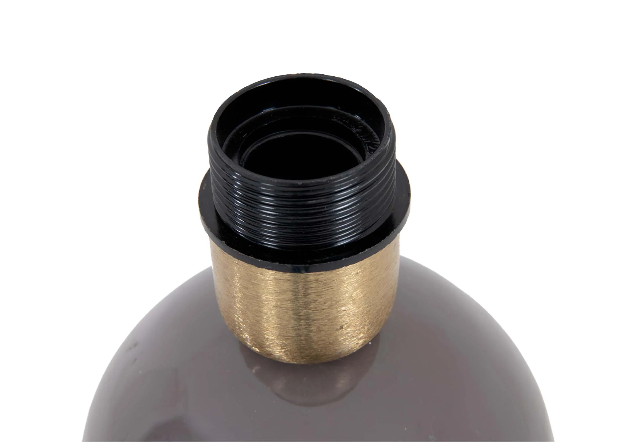 A grey enamel table lamp from EZ Livings ridley range. Closeup of bulb fitting.