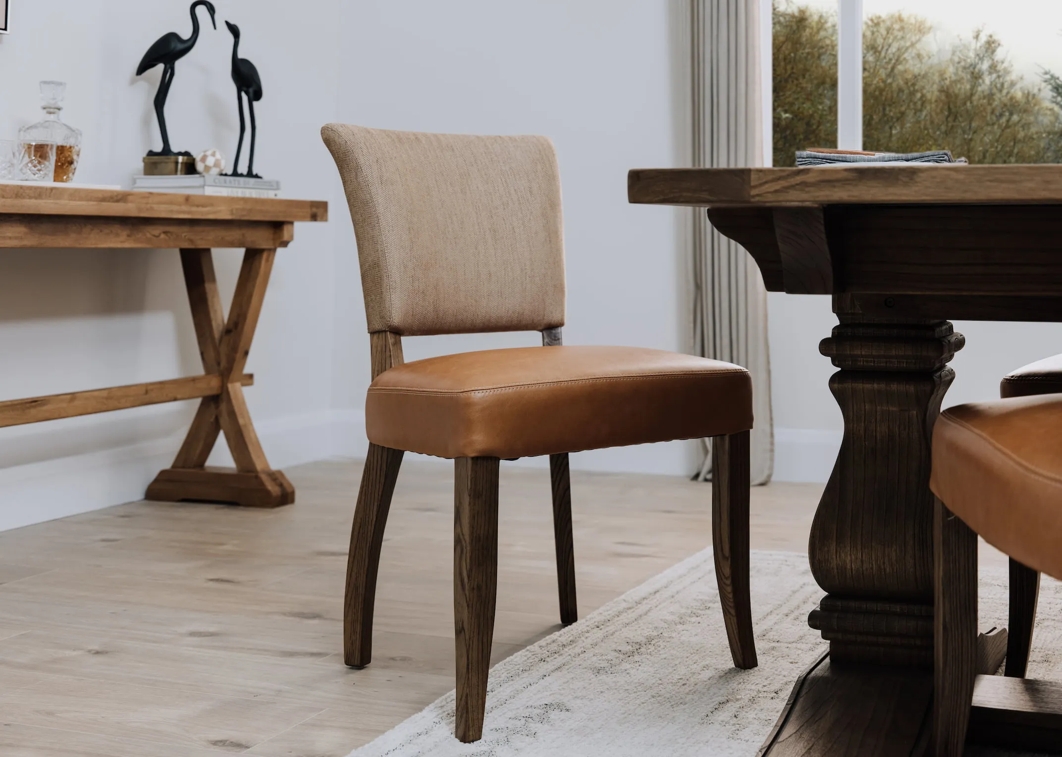 Tan Leather & Fabric Dining Chair - Biarritz