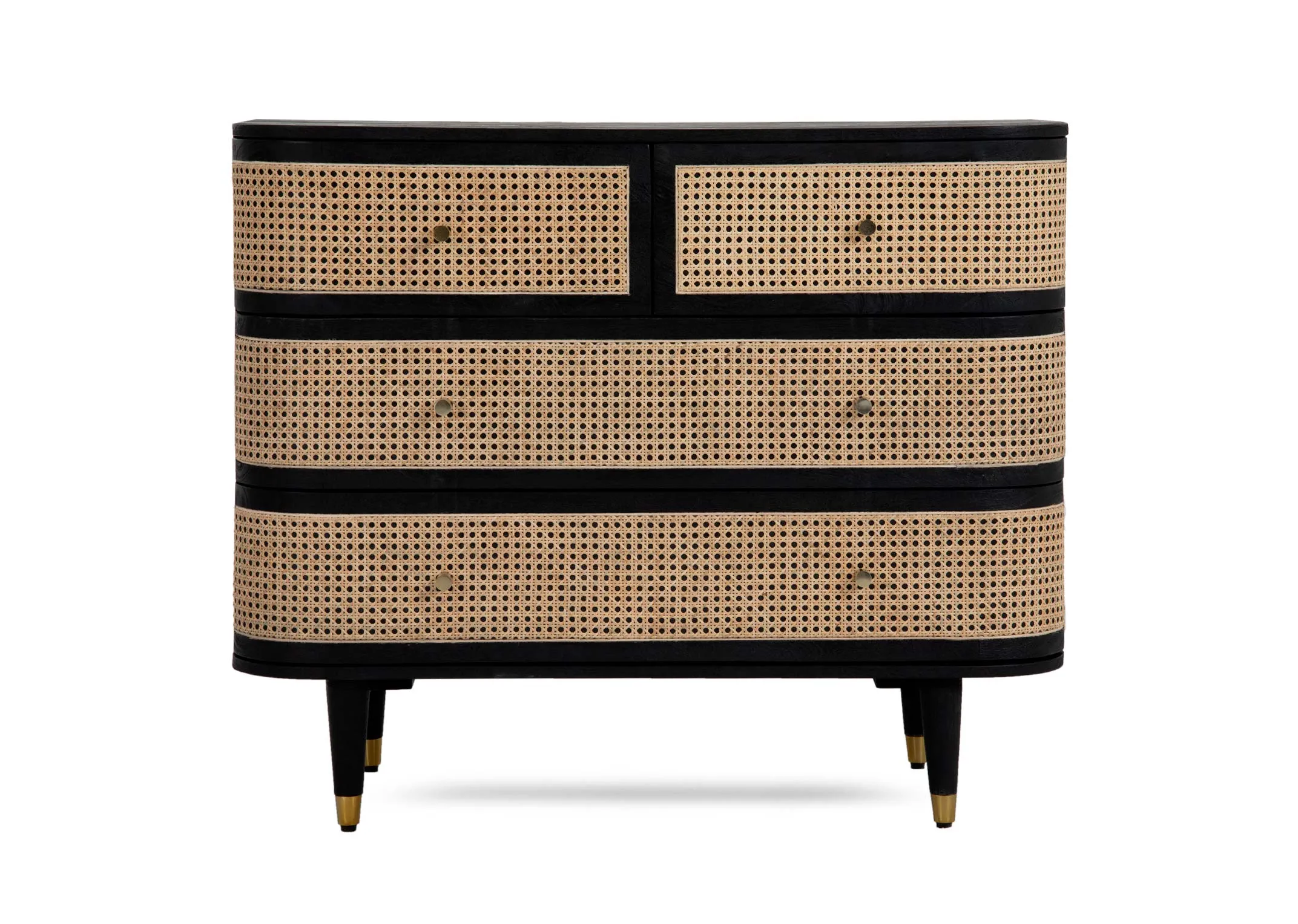 A black mango chest of 4 drawers with rattan weave fronts from EZ Livings Lenny range. Front view of 2 small and 2 large rattan front drawers.