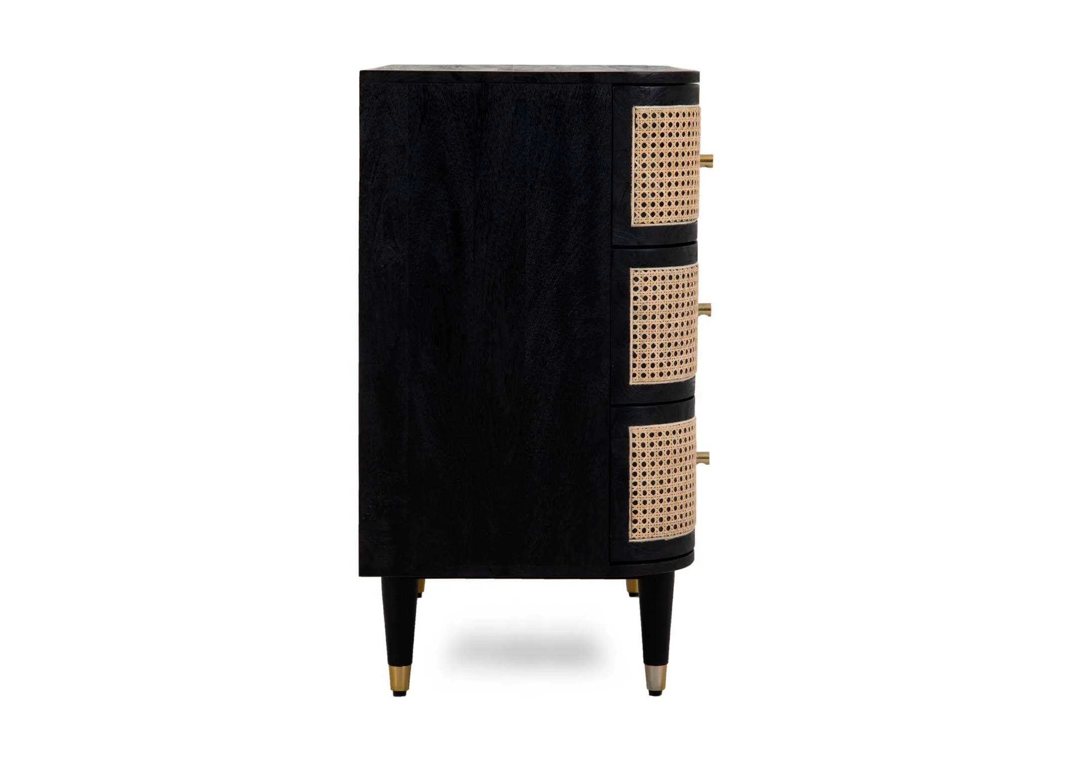 A black mango chest of 4 drawers with rattan weave fronts from EZ Livings Lenny range. Side veiw of black mango finish with gold tipped feet.