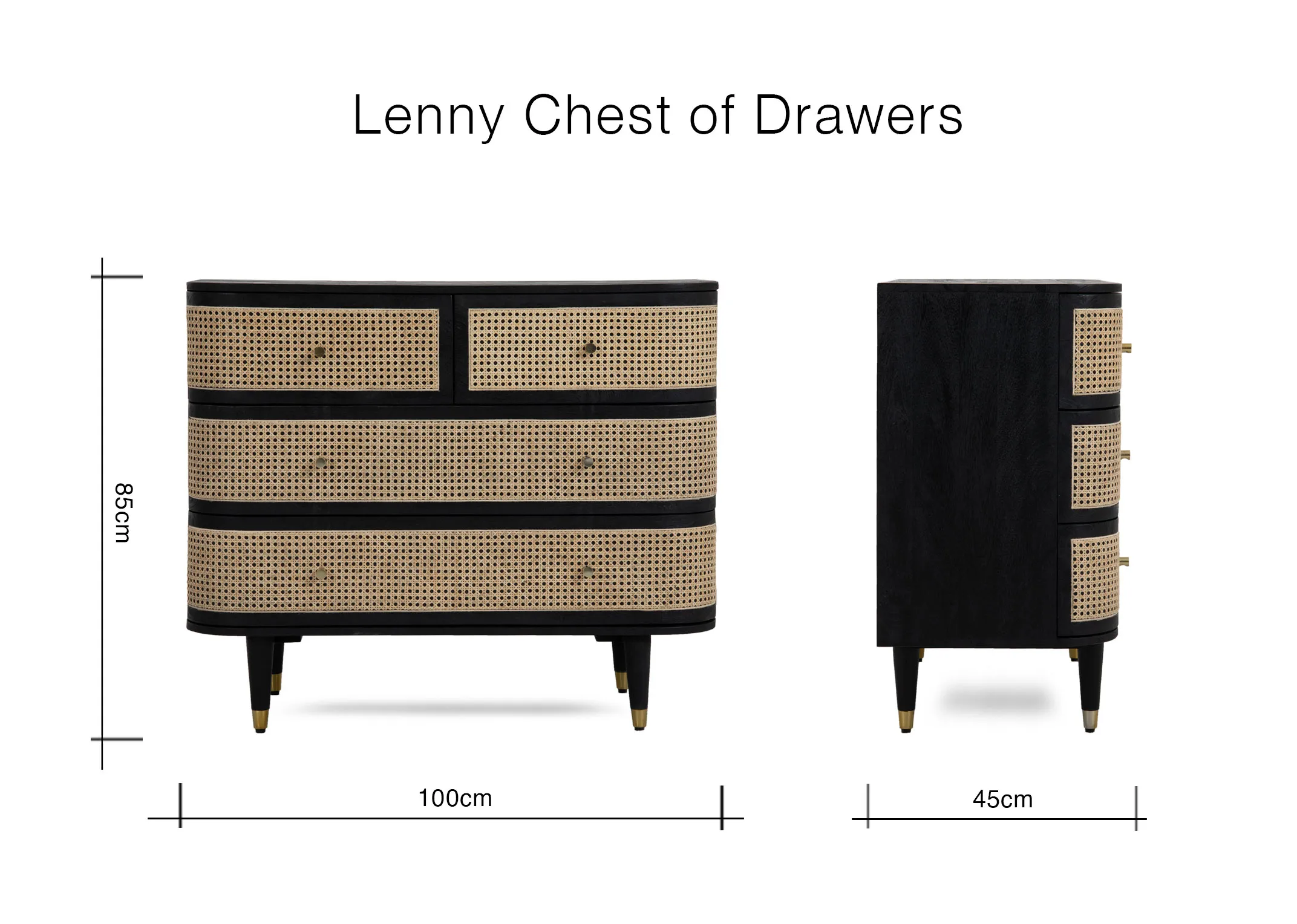 A dimension image of the Lenny Chest of Drawers with 100cm x 45cm x 85cm